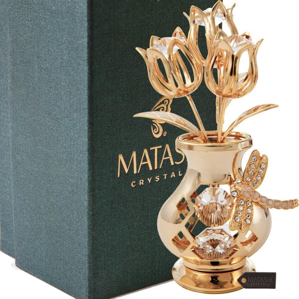 Matashi 24K Gold Plated Flower Vase w/ Crystal Studded Dragonfly Bouquet