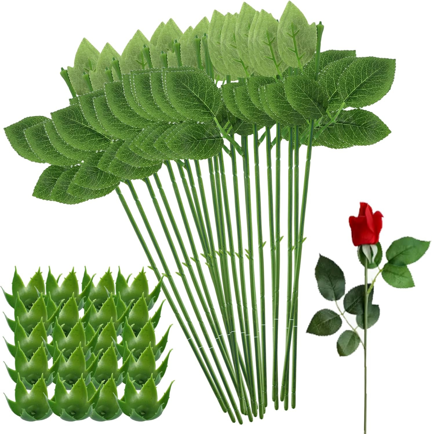 20PCS Floral Wire Stem with Leaves and 20PCS Artificial Flower Calyxes Set, for