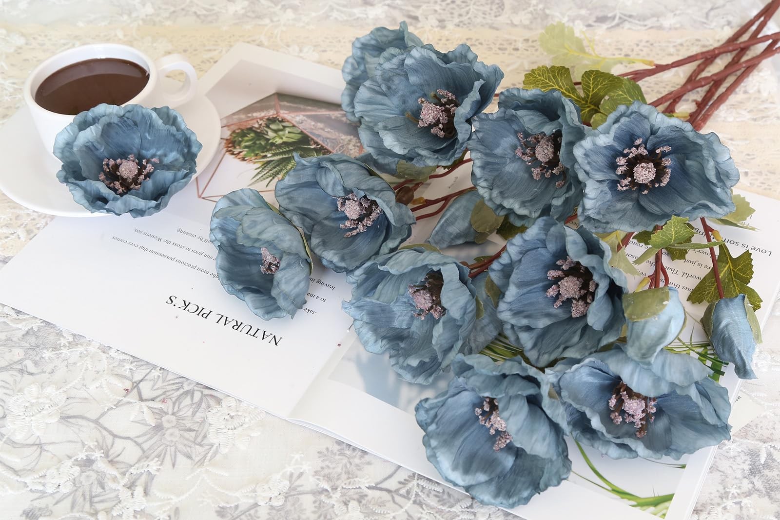 6Pcs Fake Poppy Artificial Flowers Blue Faux Silk Poppy Flowers Spring Flower…