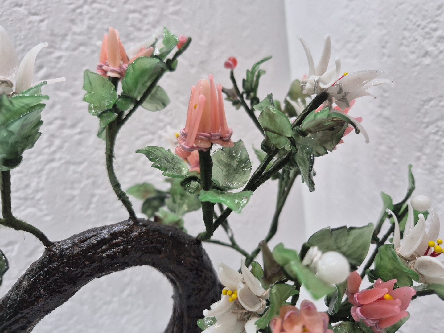 Vintage Chinese Glass Stone Jade Cherry Blossom Bonsai Tree Pink & White Flowers
