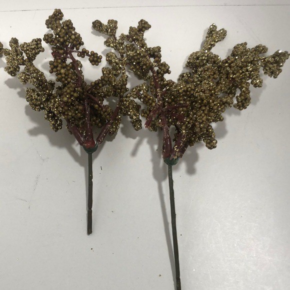 Artificial Gold and Green Decorative Berry Stems 7 total Christmas holiday ..