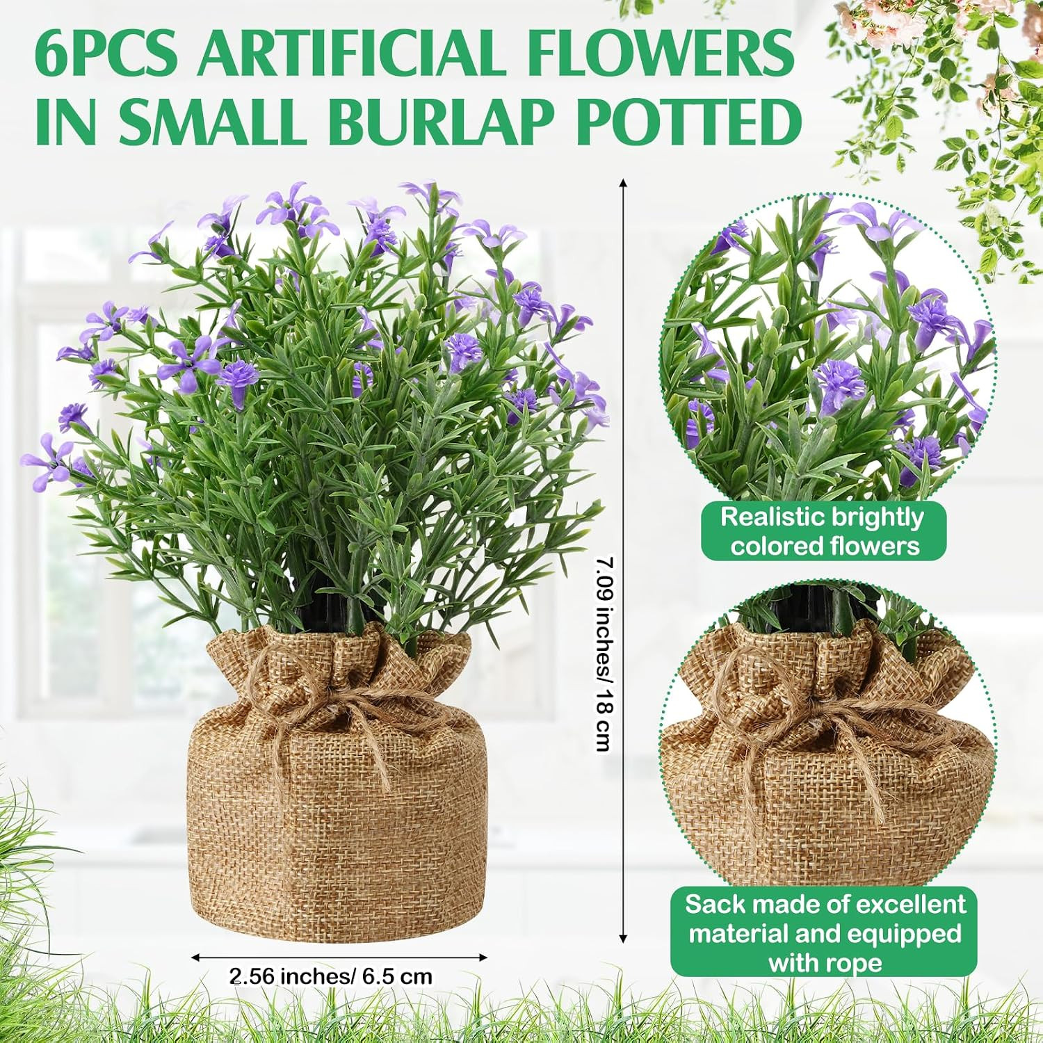 6 Pcs Artificial Wildflower Plants in Burlap Pots – Spring Home Decor