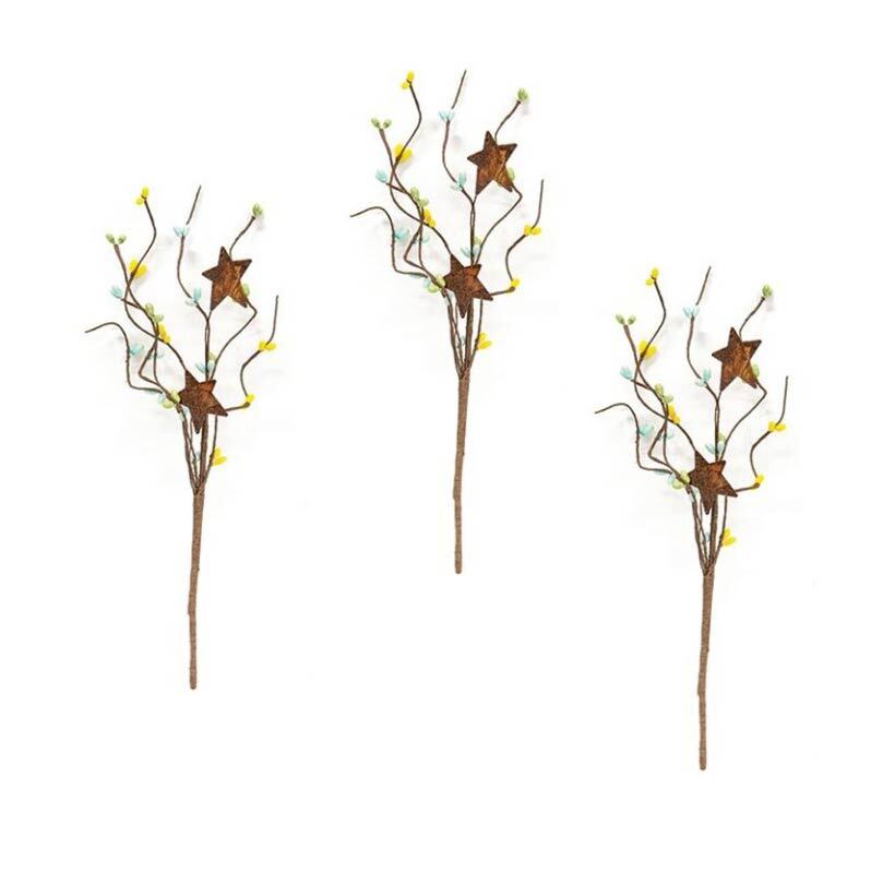 Pip Berry Picks Set/3 Yellow Green Blue with Rusty Stars Primitive Floral Decor
