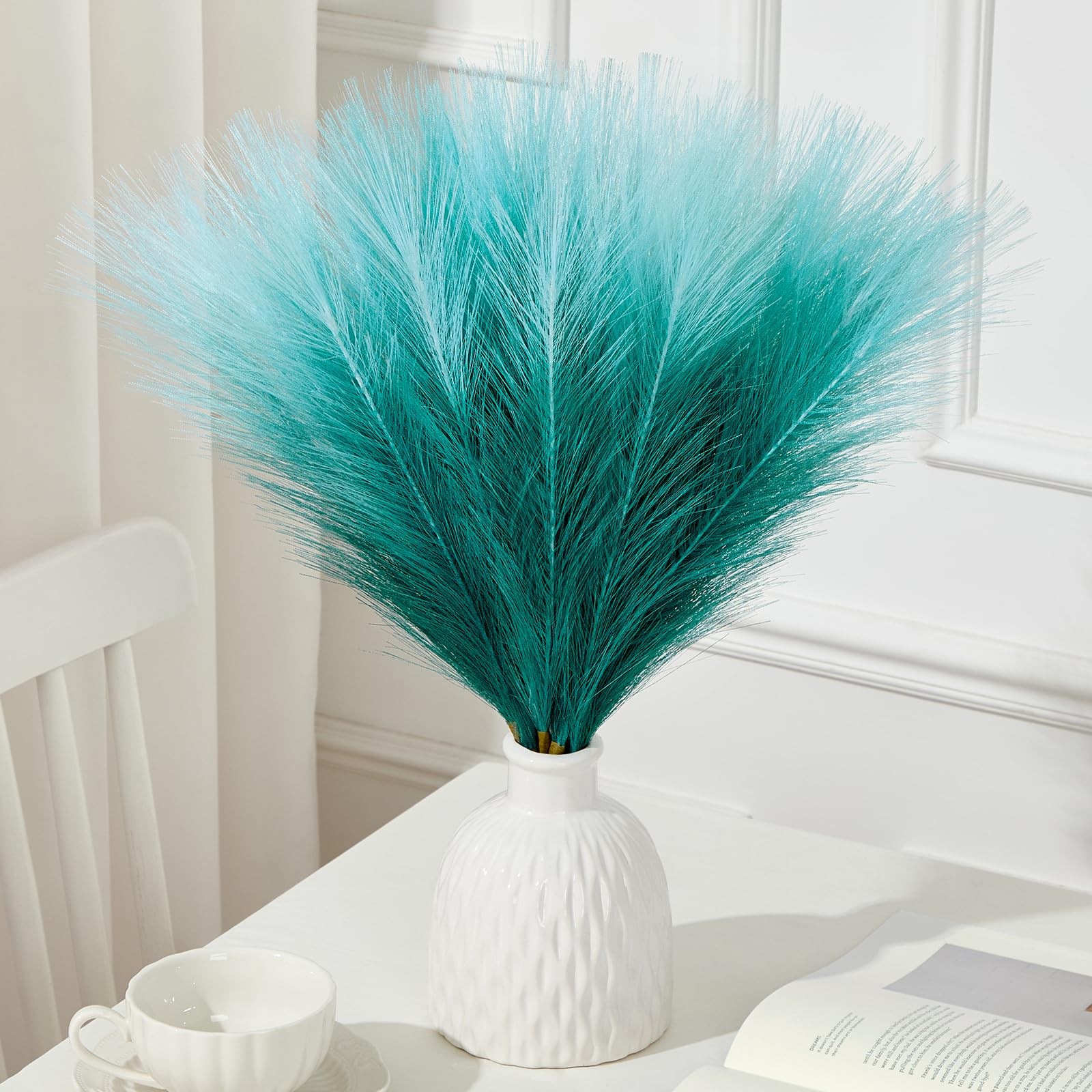 6 PCS 17.7 Inch Gradient Turquoise Green Artificial Fluffy Pampas Grass Decor