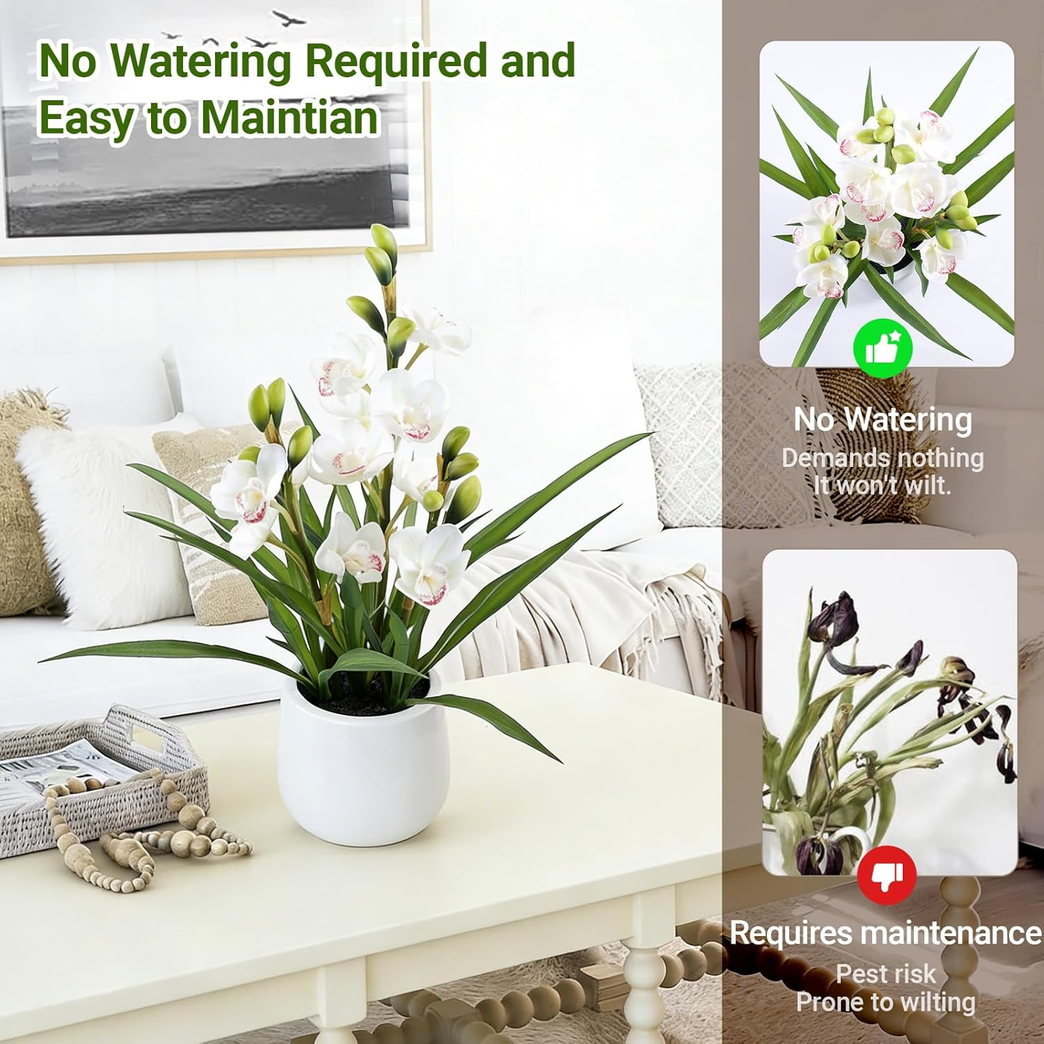 Artificial Orchid Flowers Fake Cymbidium Plant in Pot, 19″ Tall Faux Orchids for