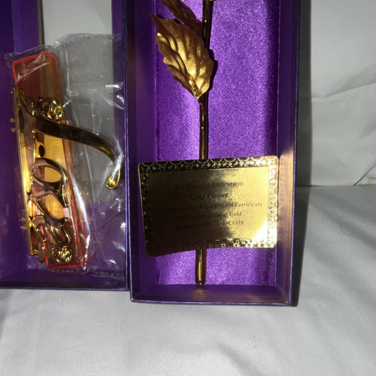 Artificial Gold Rose Metal Flower Stem with ‘Love’ Stand in Purple Gift Box