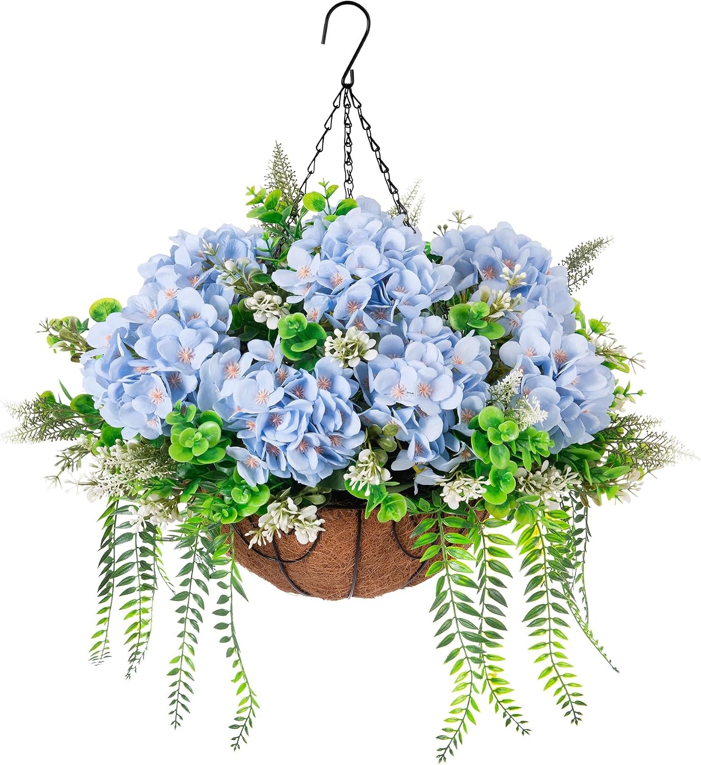 8 Pcs Artificial Hydrangea Flowers Silk Champagne Fake Flower W/ Eucalyptus
