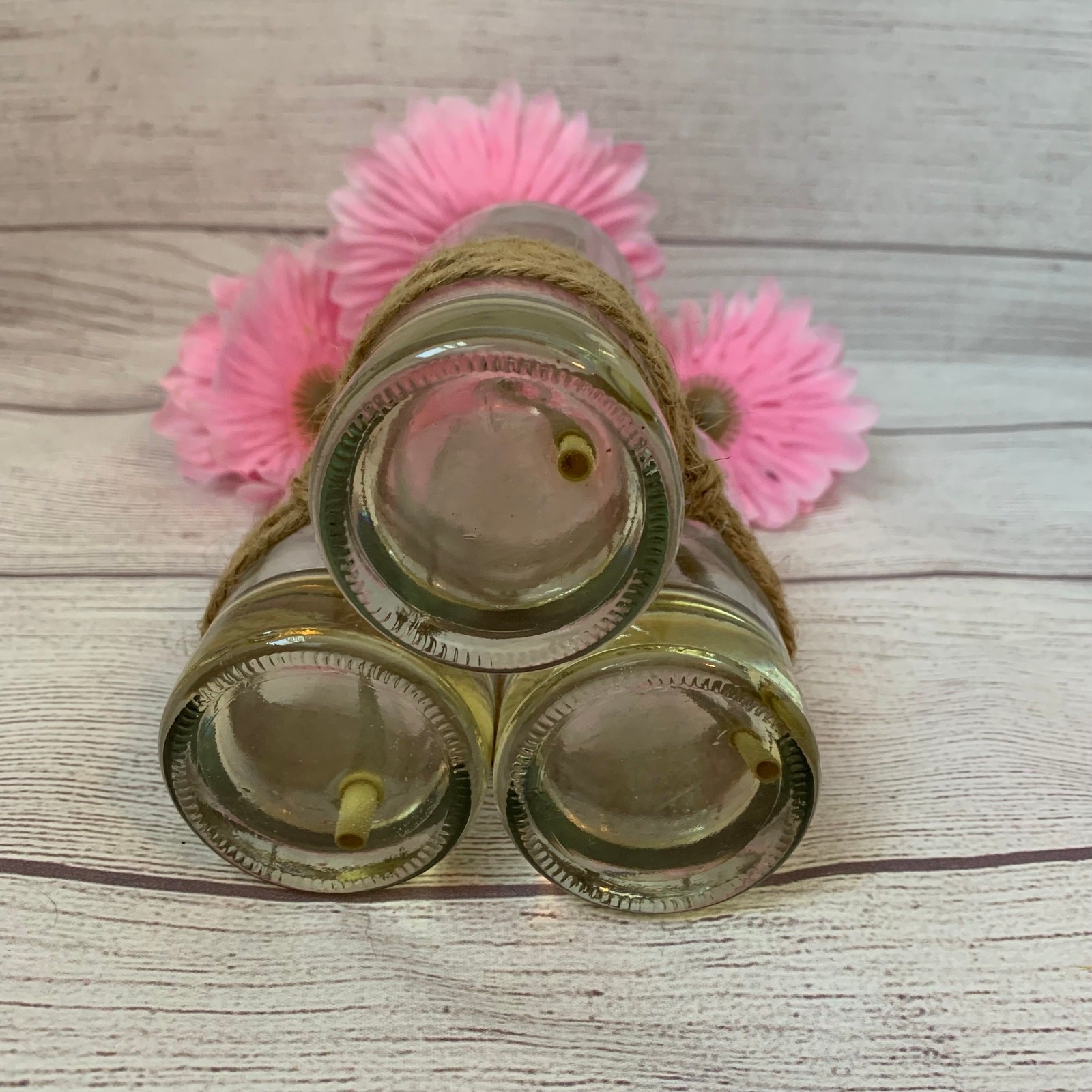 Artificial Pink Gerbera Daisies in Bottles and Twine String Faux Glued Water 9″H