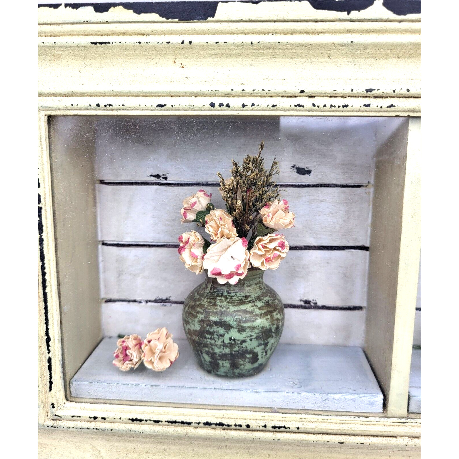 Vintage Rustic Wood Framed Shadow Box Flowers Pots Farmhouse Decor 14x8x2” us