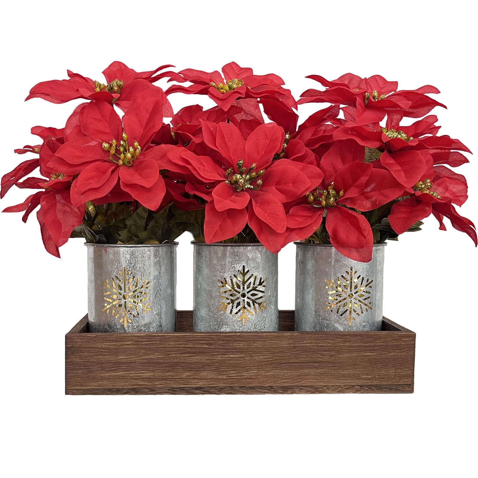 3 PCS Artificial Poinsettia Flower Arrangement Galvanized Pot Wood Tray Lights