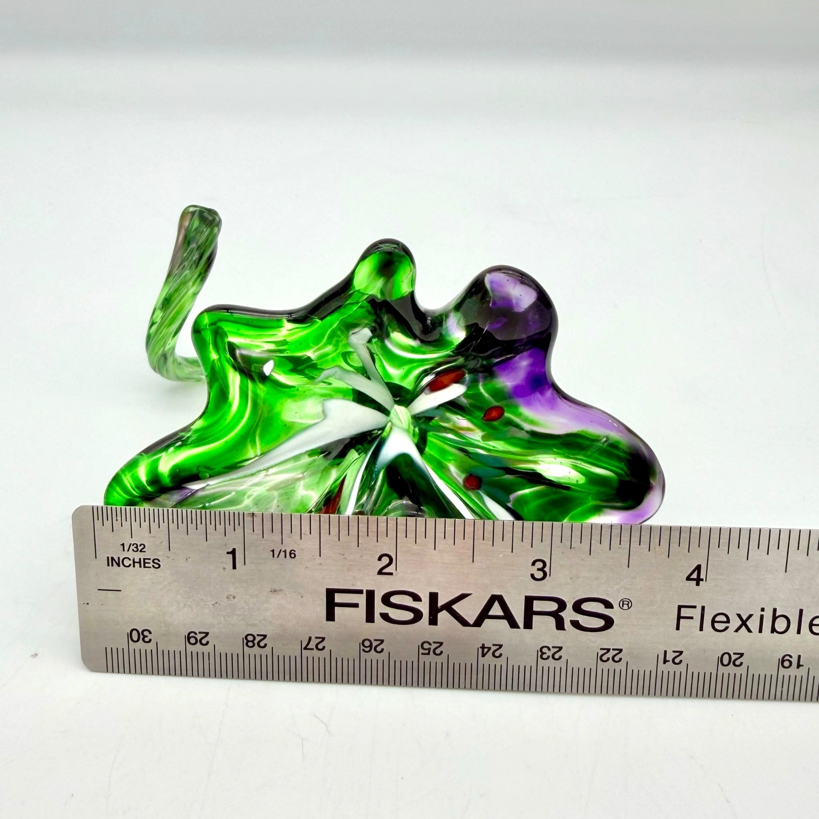 Vtg Hand Blown Art Glass Flowers Murano Style Green Purple Yellow Frit Set 2