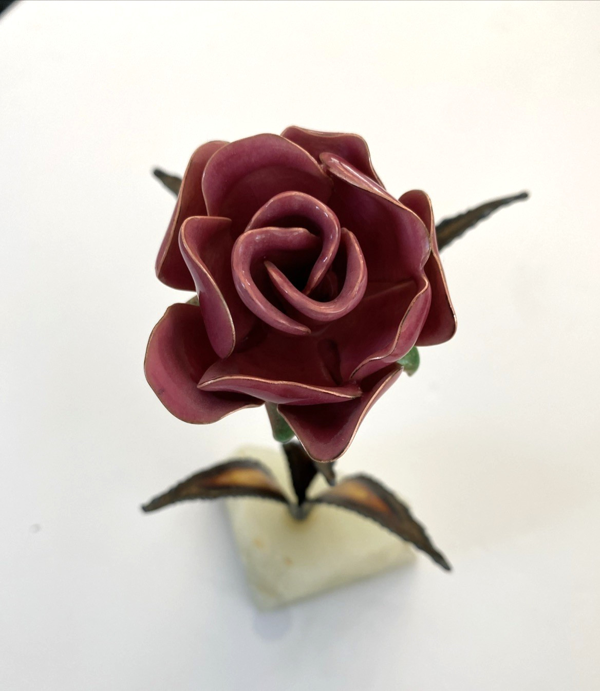 Rose Enamel Copper Flower Mid Modern Metal Art on Stone Onyx