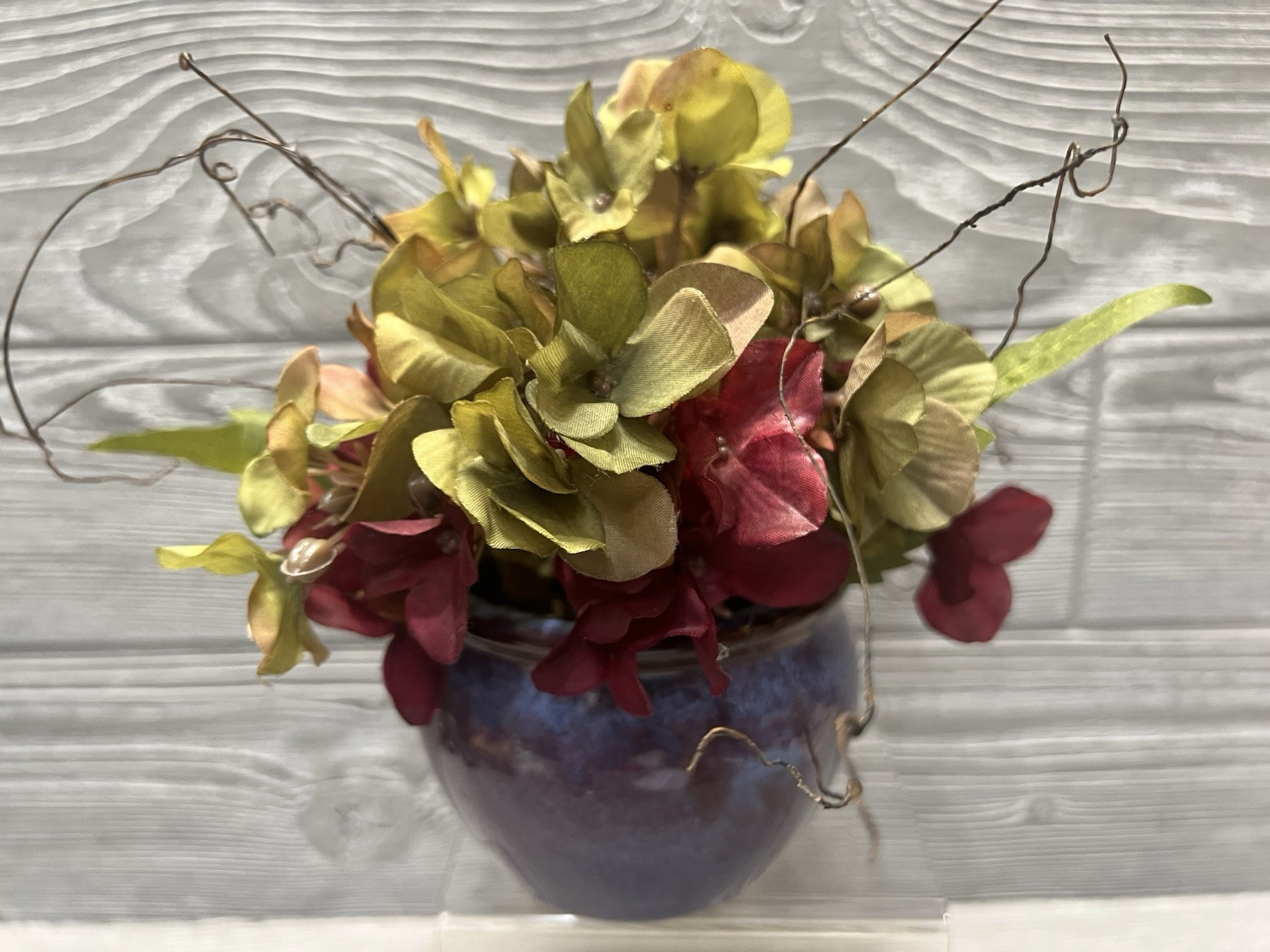 Small Flower Arrangement Hydrangeas in Blue Ceramic Pot 7.5” Faux Floral