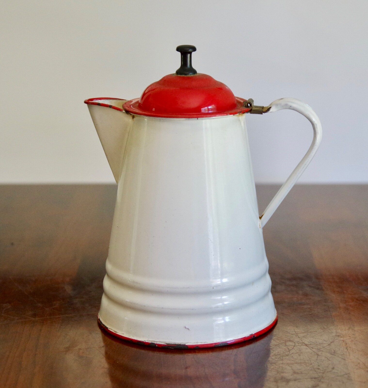 Silk Red and Purple Arrangement in Vintage Enamel Red & White Cowboy Coffee Pot