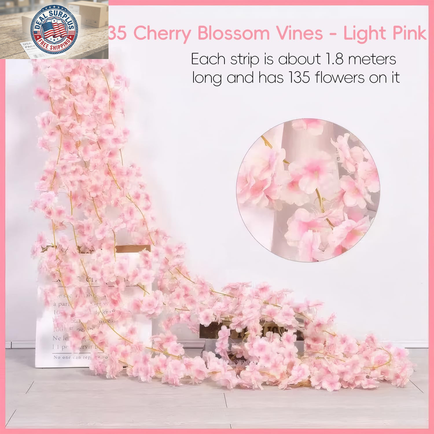 3Pcs 5.91 Ft Artificial Cherry Blossoms Garland Pink Fake Vines Hanging Silk Che