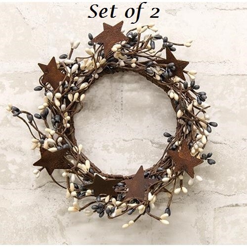 NEW PRIMITIVE Berry Wreath Candle Rings 2pc Rust Stars 4″ Gray Cream White Pips