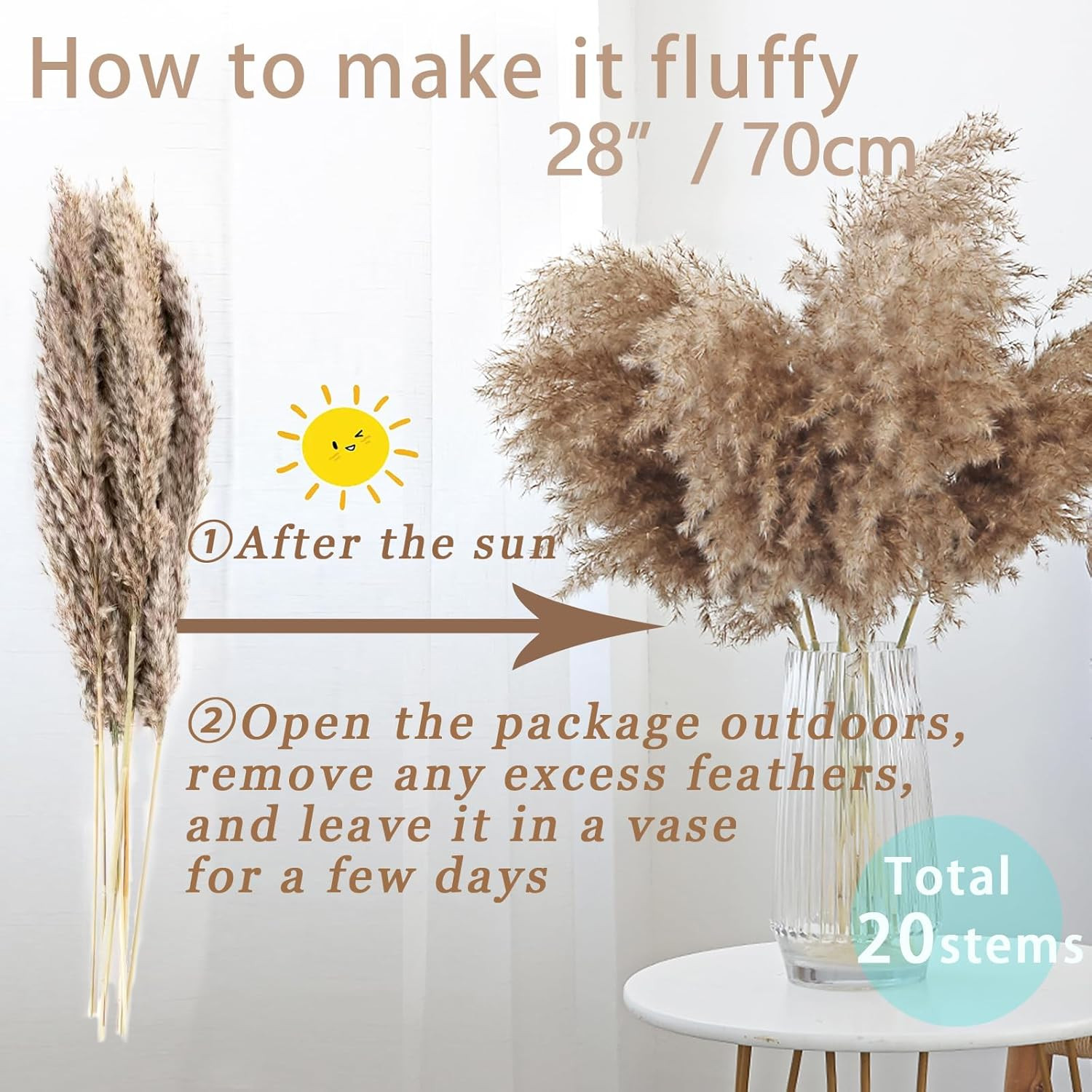20 Stems 28″ Large Brown Pampas Grass – Natural Fluffy Pompas Grass Bulk for Flo