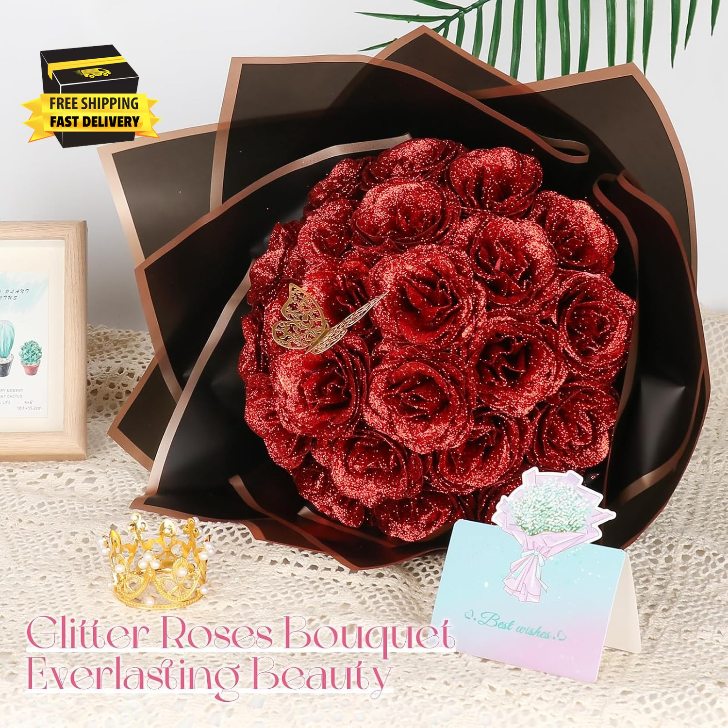 Glitter Roses Bouquet, 24 Roses DIY Fake Glitter Flowers Bouquet, Everlasting Sh