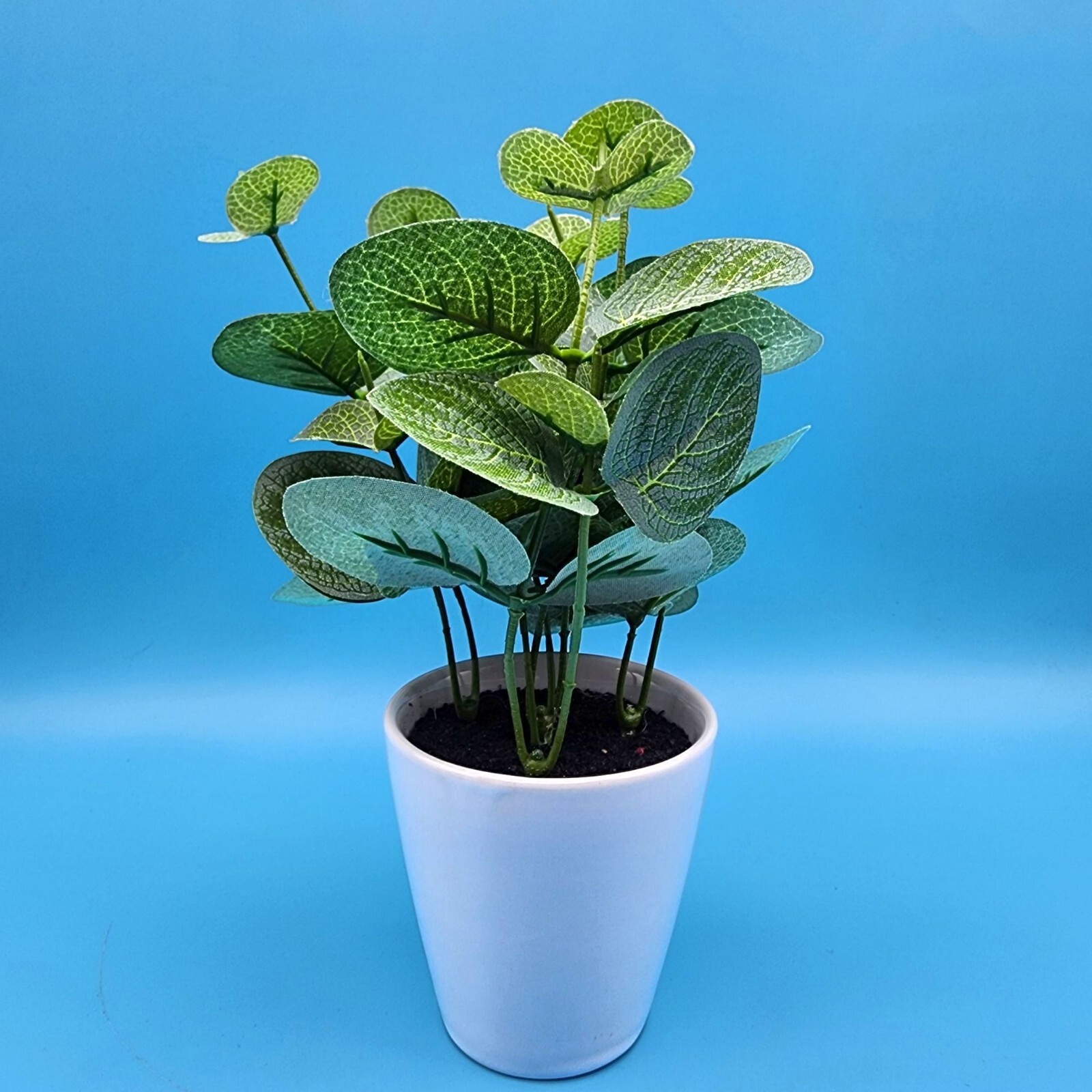 Faux Eucalyptus Potted Plant In White Ceramic Pot 8″ H Realistic Green Leaves