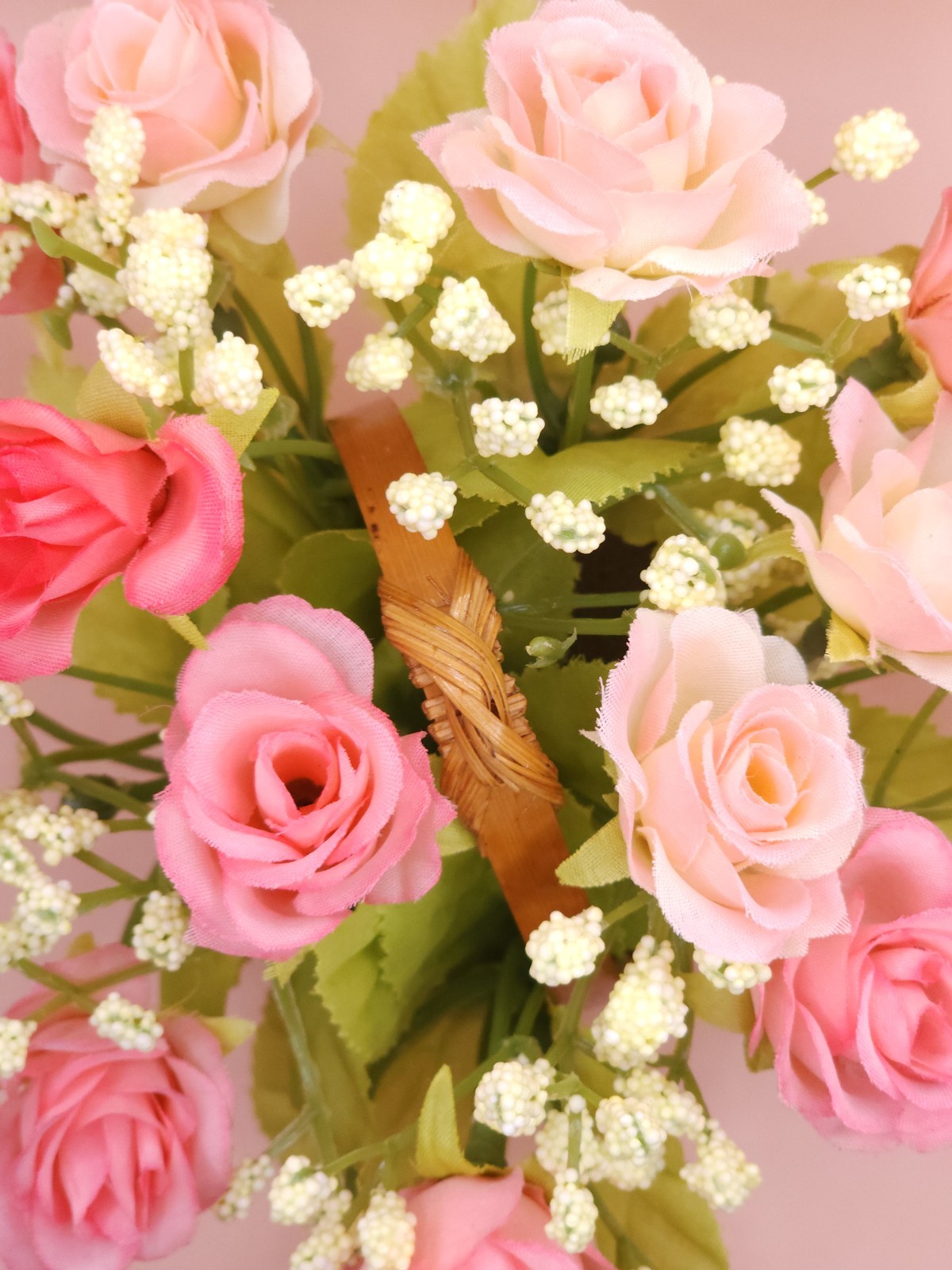 Romantic Pink Rose & Baby’s Breath Faux Floral Arrangement in Woven Basket
