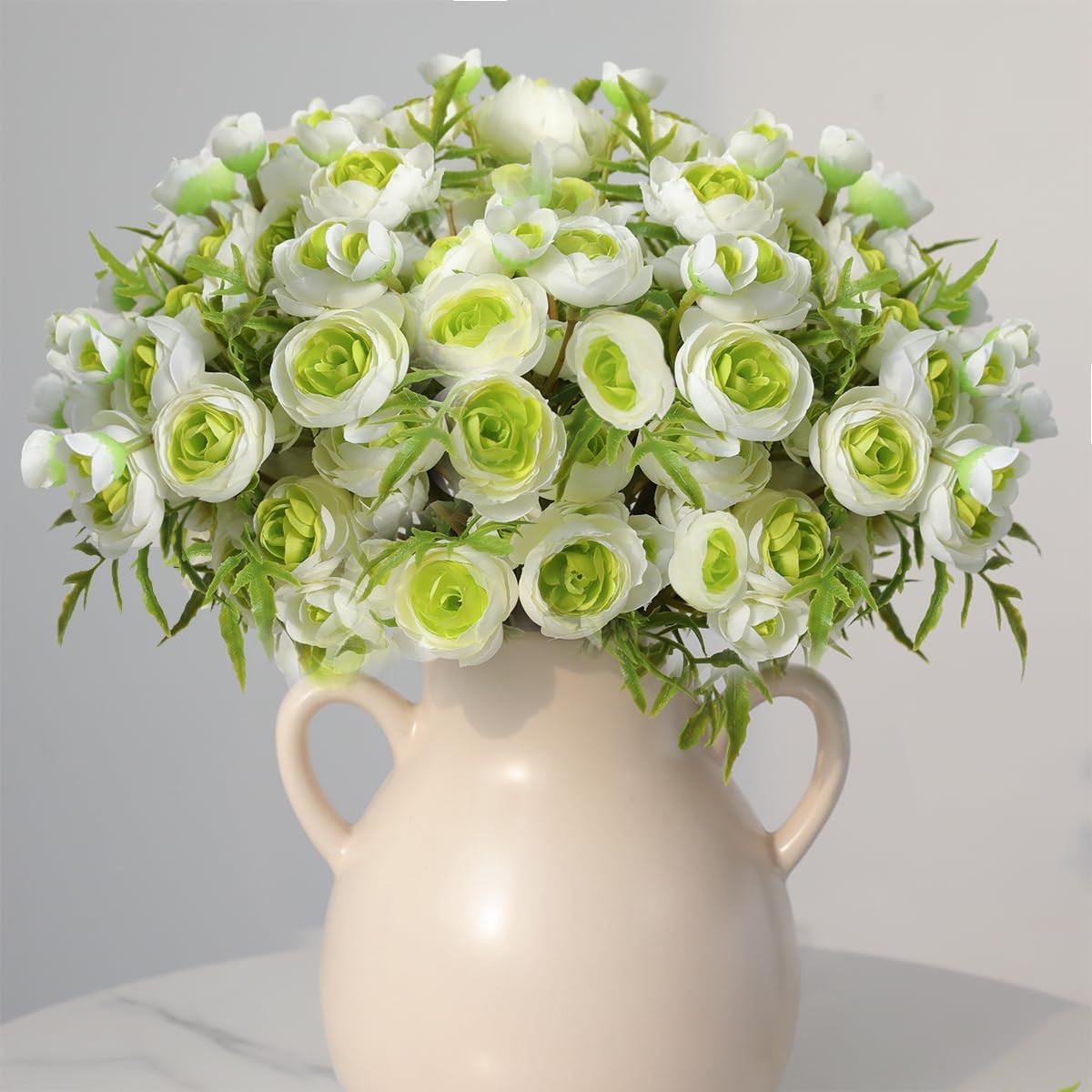 20 PCS Artificial Ranunculus Flowers Faux Silk Bouquet White Green Home Decor