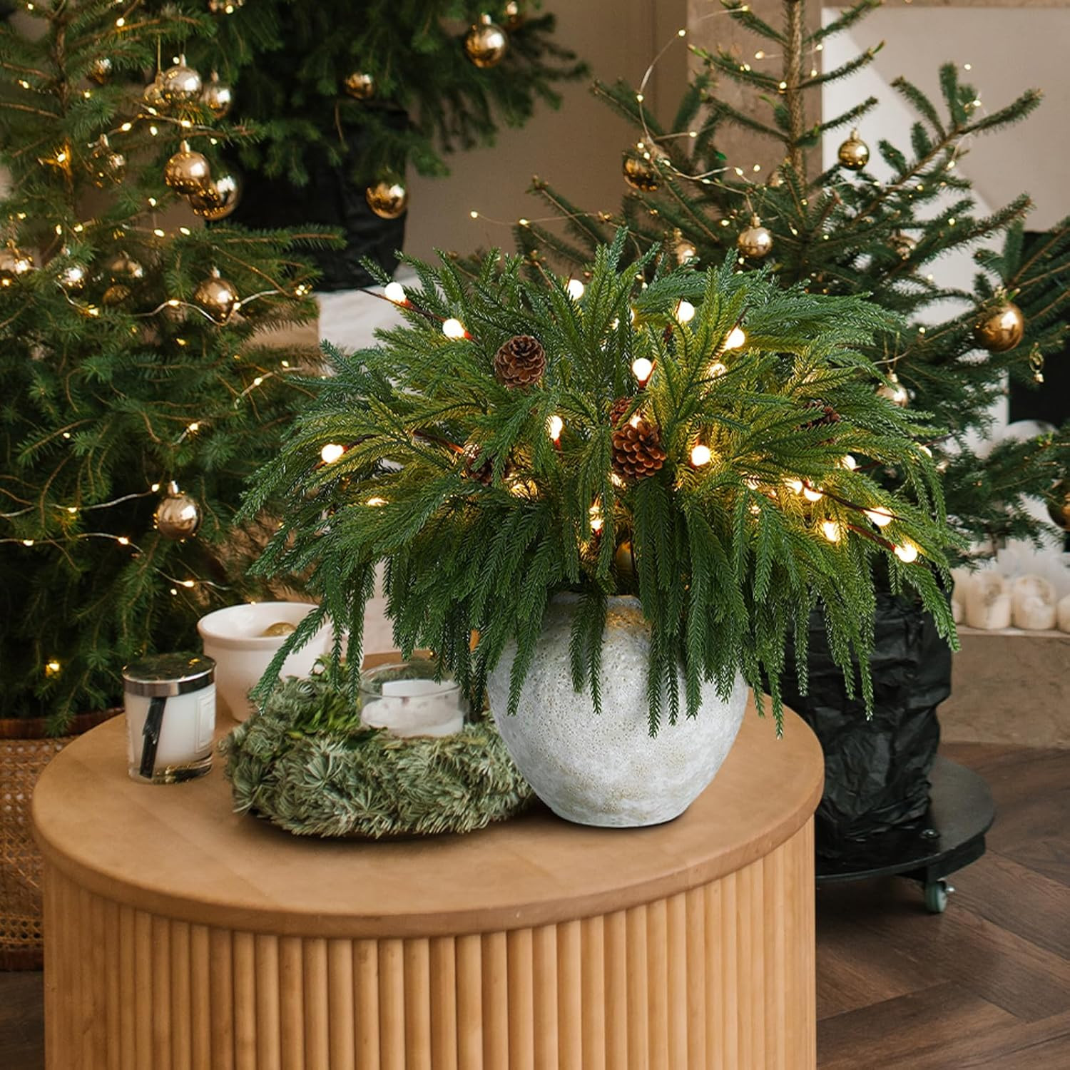 20 Pcs Christmas Norfolk Pine Branches with Lights Set Includes 12 19.7″ Artific