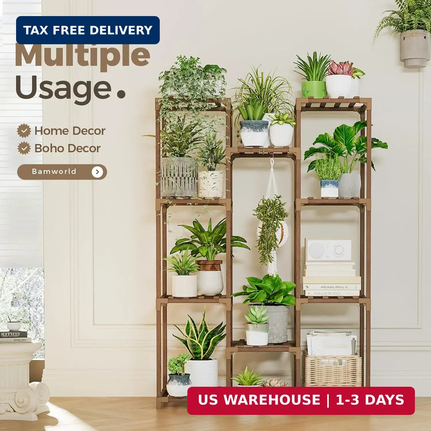 Bamworld Plant Stand Indoor Outdoor Tall Plant Shelf for Multiple Plants Pots Wo