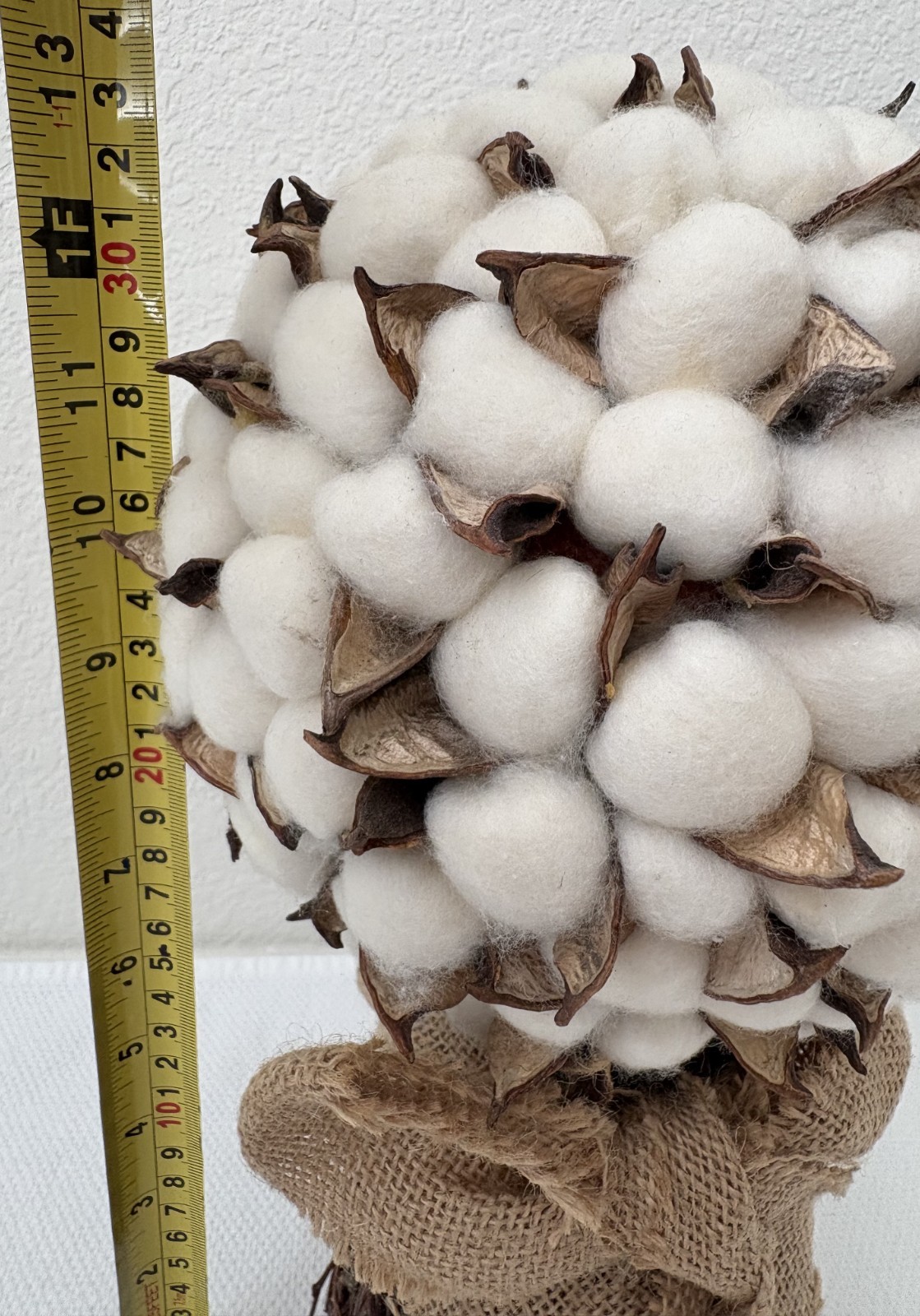 Cotton Stalk Bouquet Combined with Burlap Ribbon, Home Decor 13″x7″ (5″ at base)