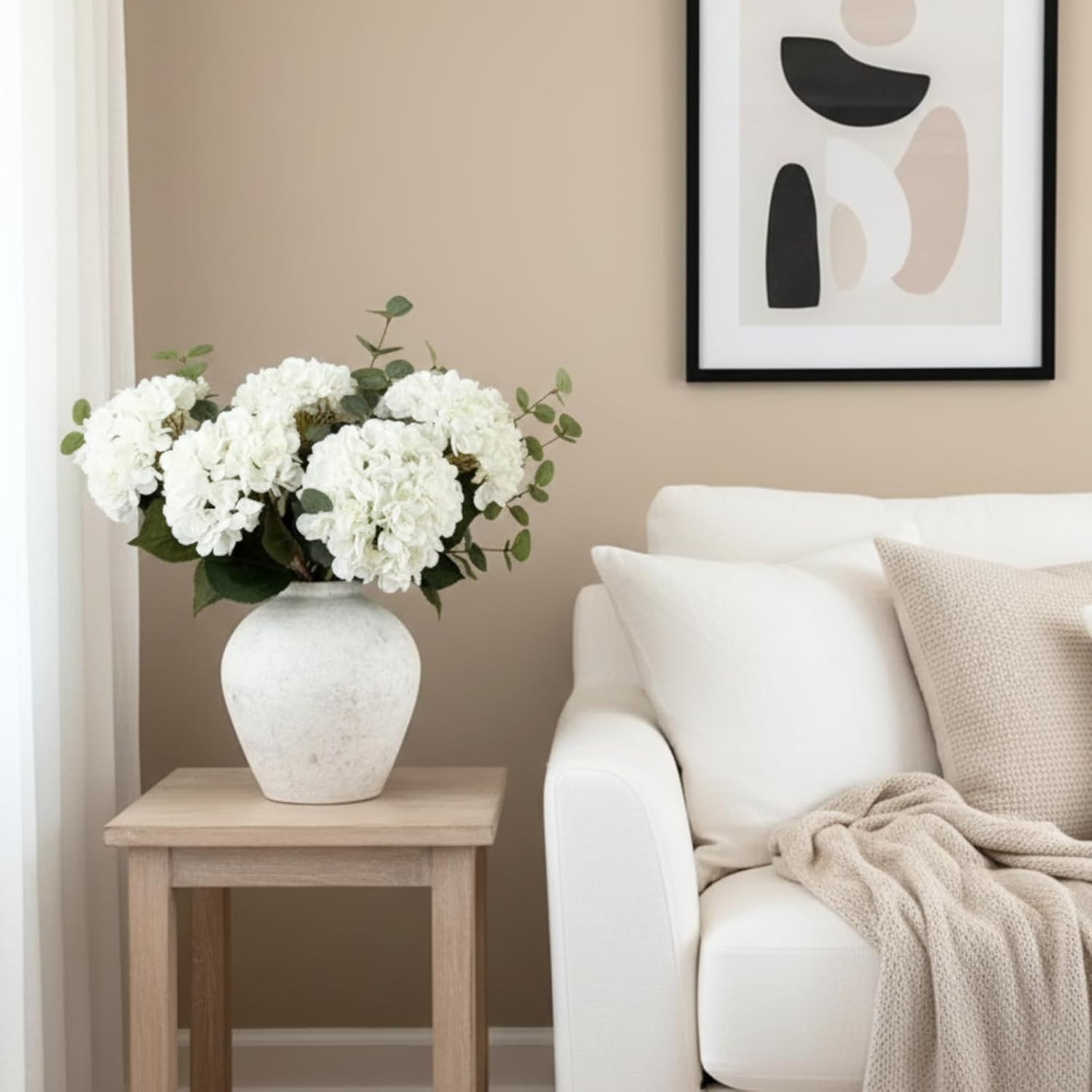Real Touch White Faux Hydrangea Flowers 5 Heads With Eucalyptus Stems Greenery
