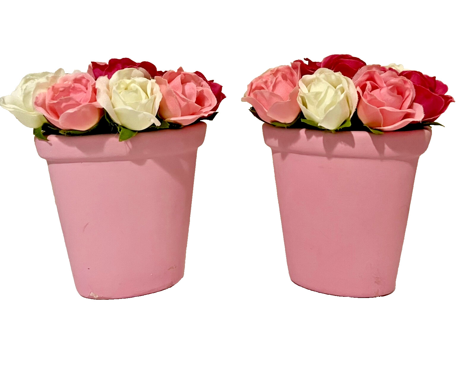 Set of 2 Silk Pink Faux Rose Miniature Clay Pots Home Accessory Decor Gifts