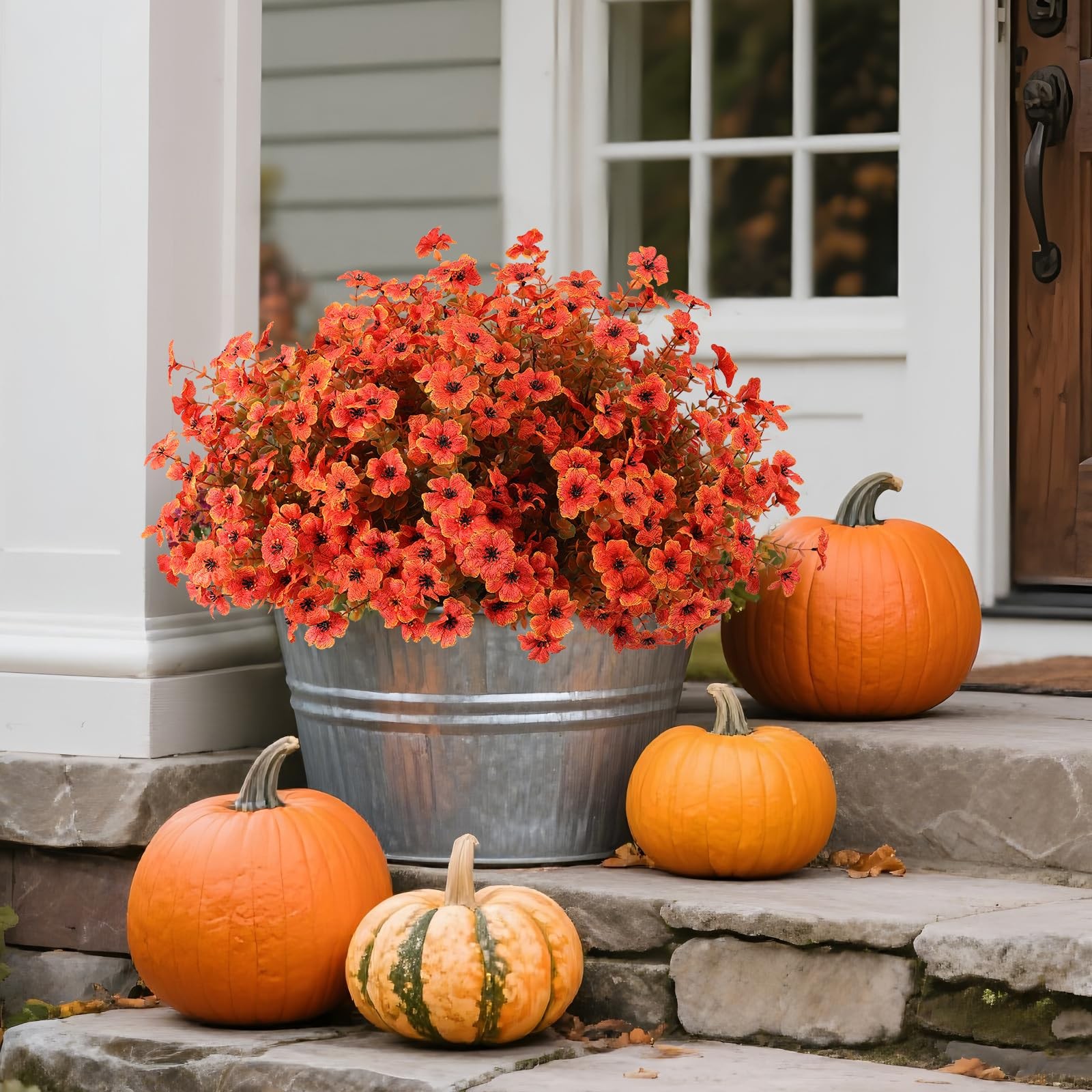 24 Pcs Artficial Outdoor Flowers with Hanging Baskets, Orange Fall mums 2 Pac…