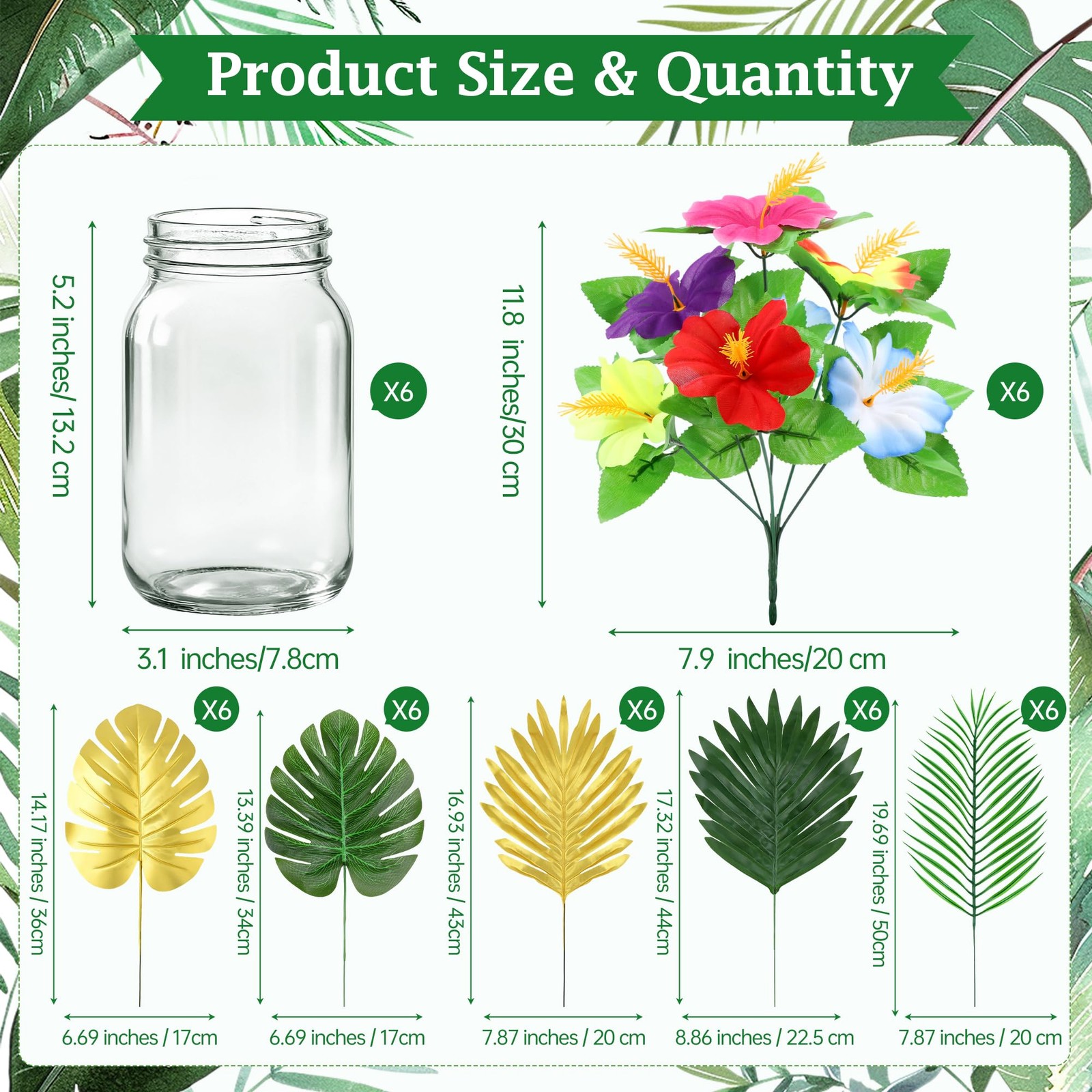 6 Pack Hawaiian Flower Centerpieces with Mason Jars Artificial Hibiscus Bouqu…