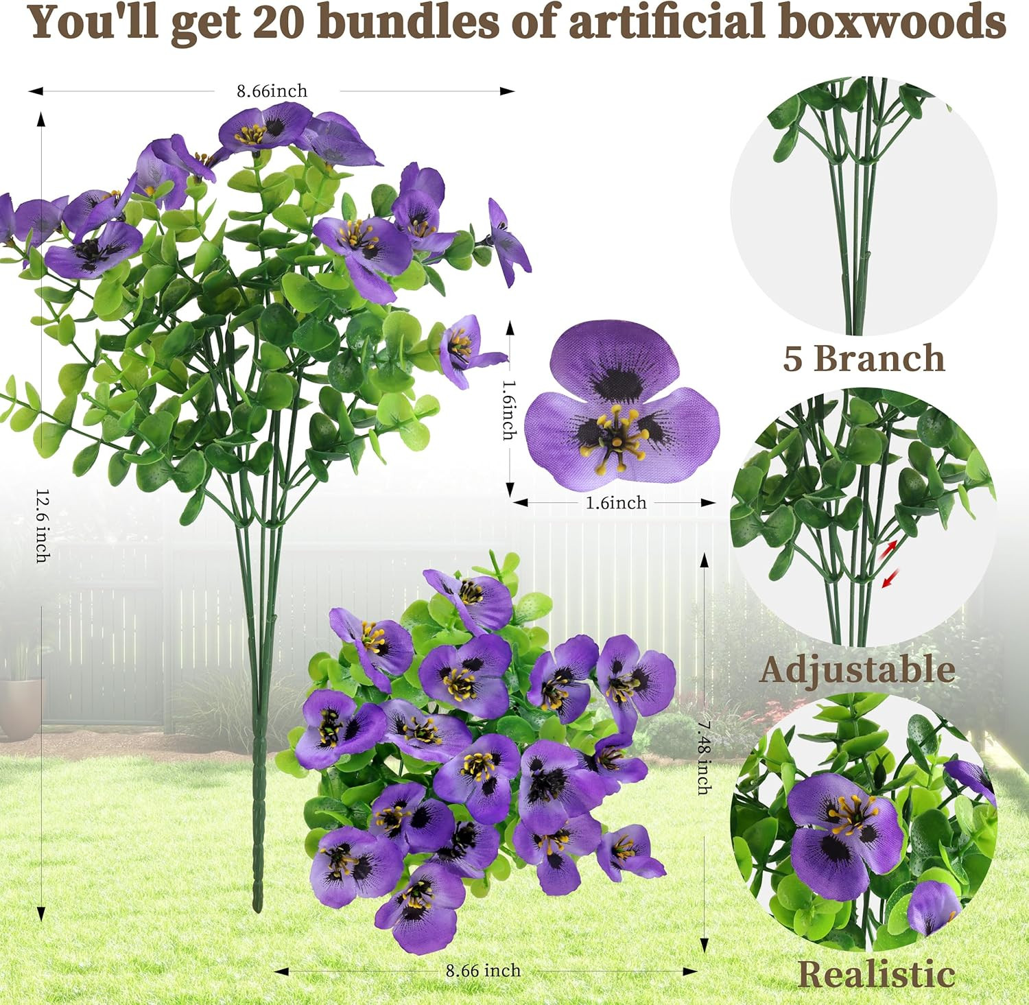 20 Bundles Artificial Fake Pansy Flowers for Outdoor – Yellow, White, Purple, Su