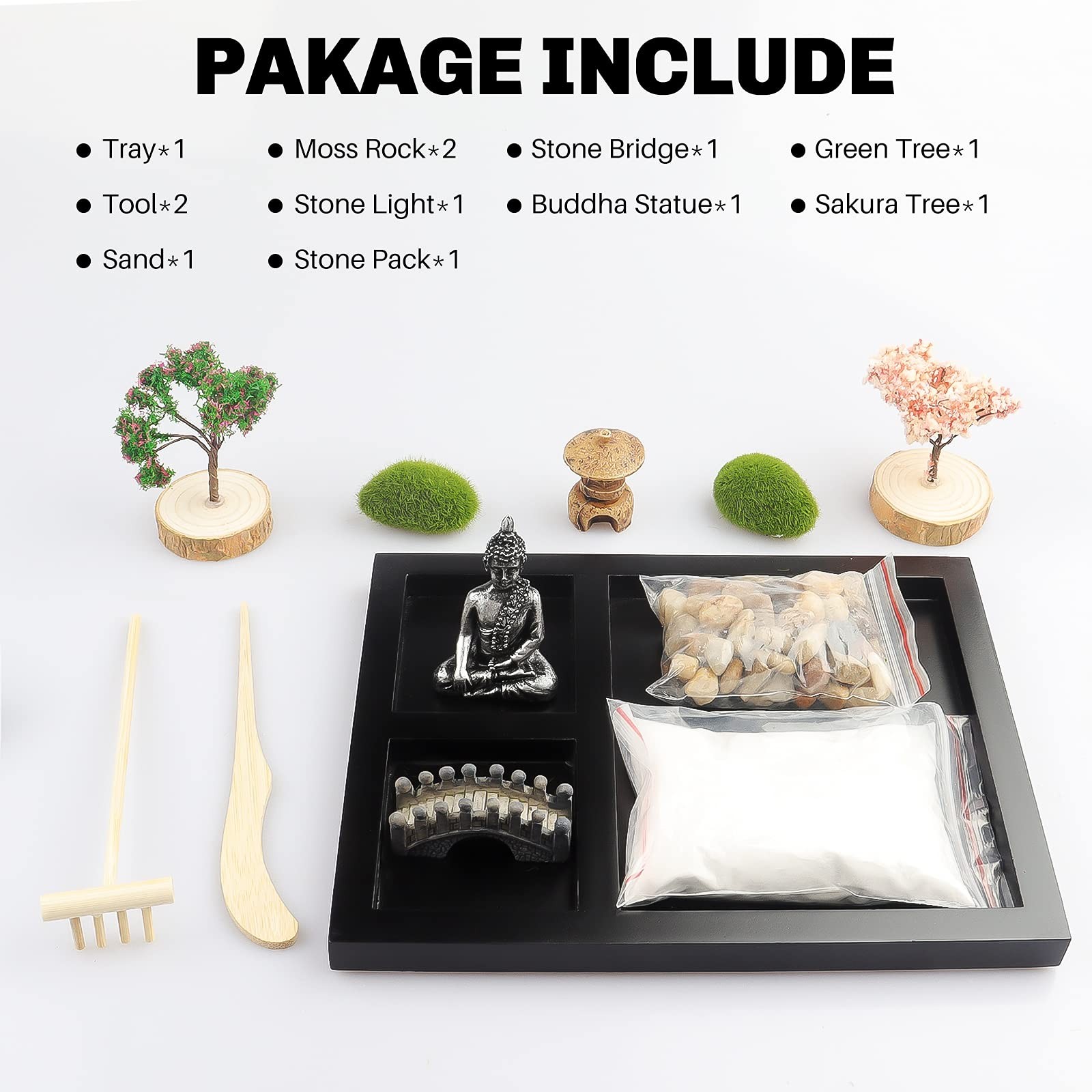 Sakura Budah Desktop Mini Zen Garden – 9″ x 7″ with White Sand, Artificial Bo…