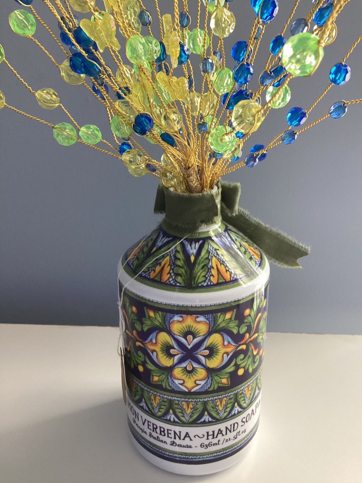 BOUQUET VASE COTTAGE DECOR FARMHOUSE STYLE HANDMADE BEADS ON WIRE WRAPPED NEW