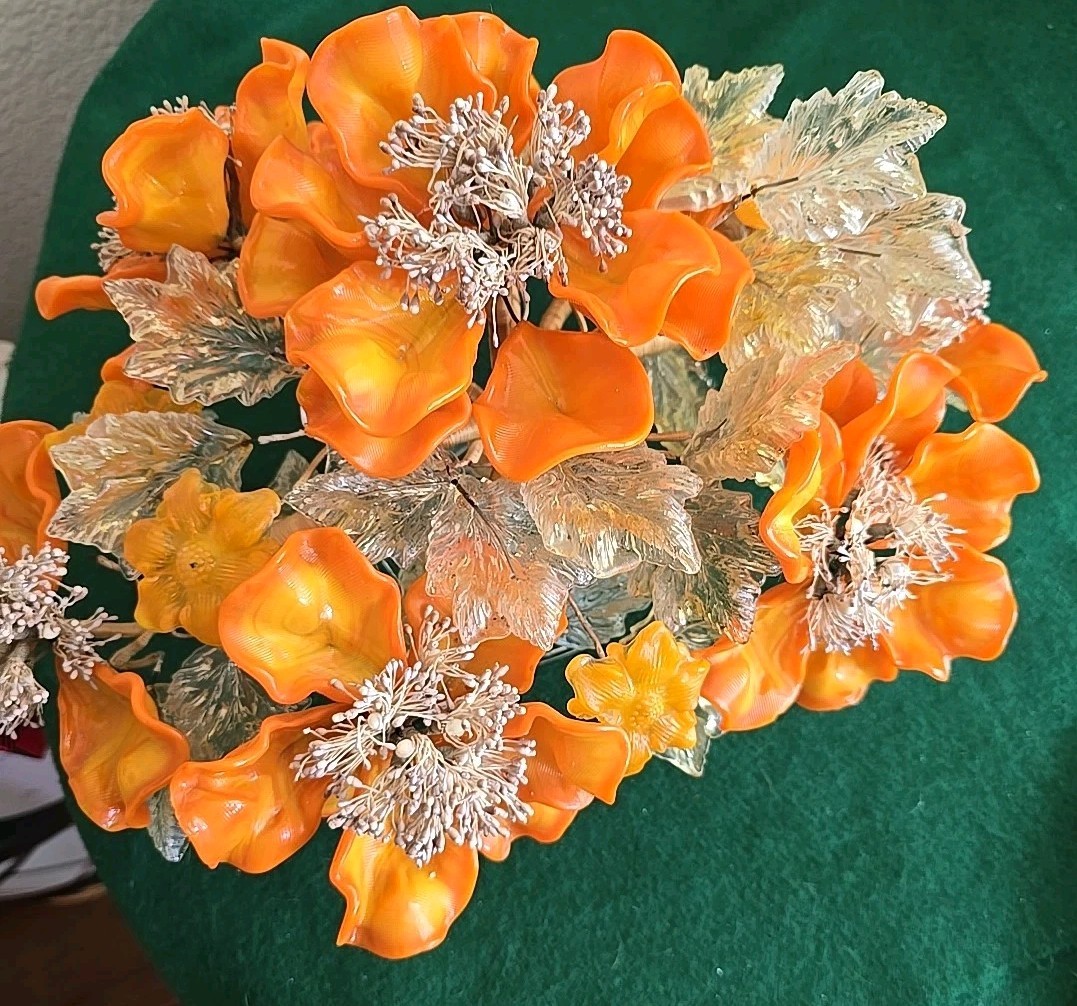 Art Glass Orange Flower Arrangement Peony Bonsai Tree Centerpiece Murano? Italy