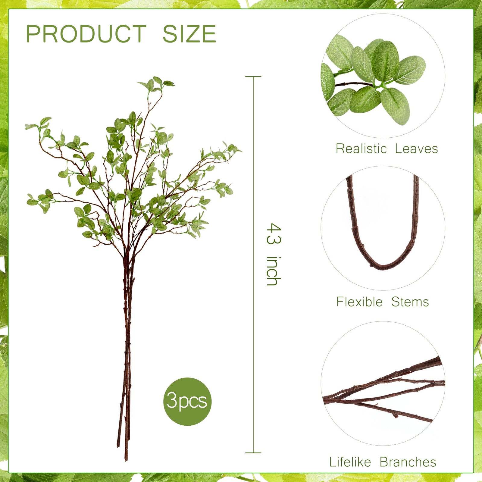3 Pcs Artificial Eucalyptus Stems – 43 Inch Long Faux Eucalyptus Branches for…