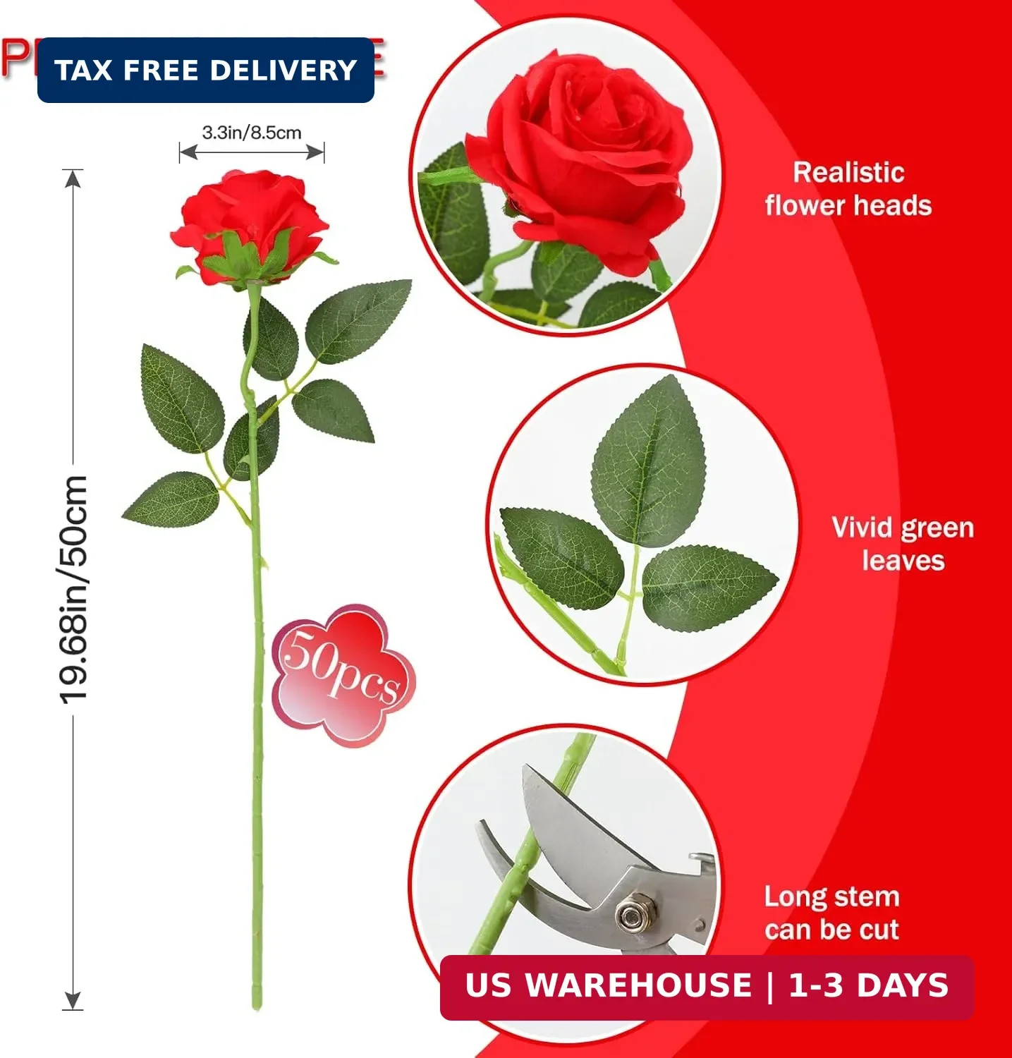 50PCS Artificial Silk Roses Flowers – Realistic Fake Roses in Bulk & Bouquet Lon