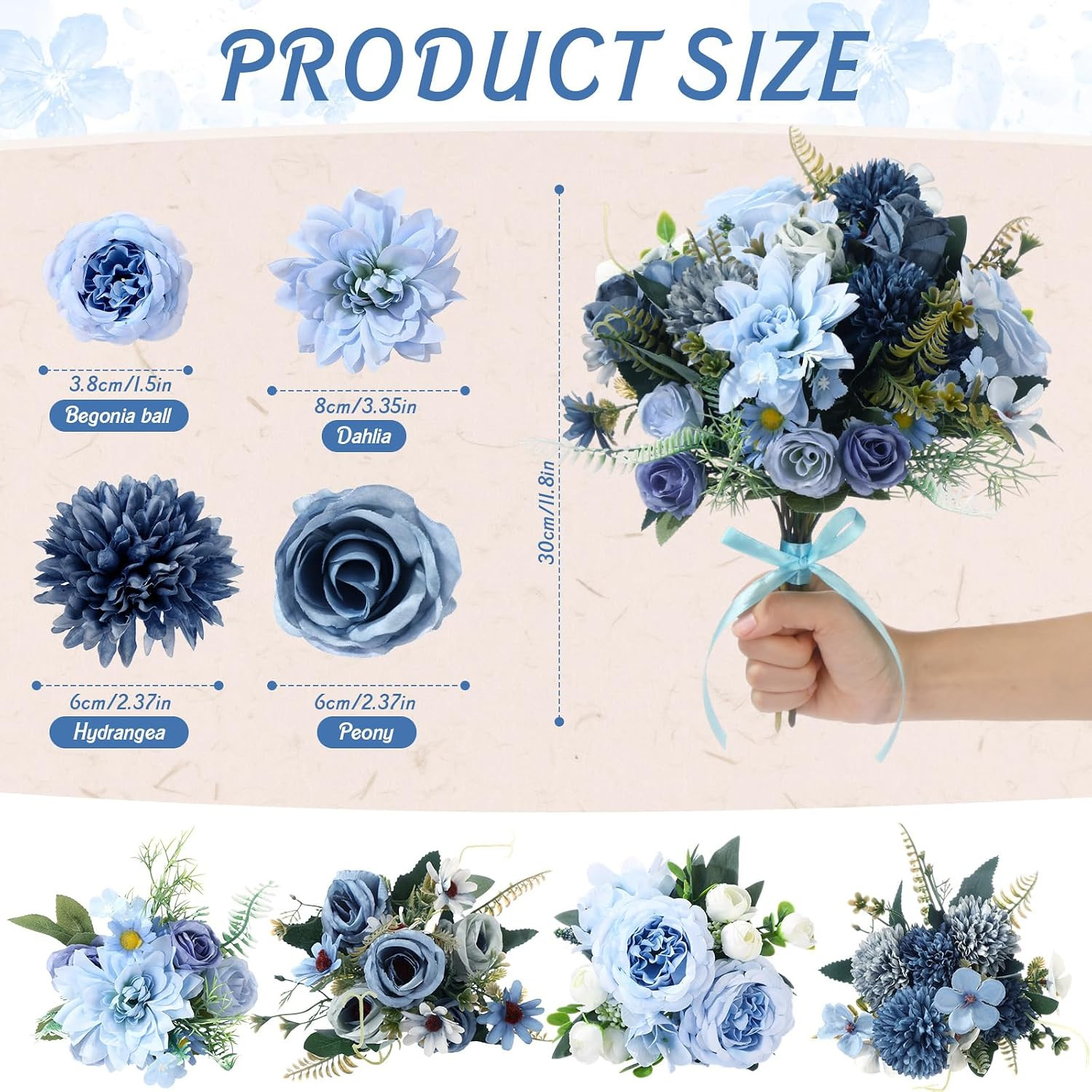 12 Bundles Gradient Blue Artificial Flowers Peonies Silk Dahlia Faux Rose Fake C