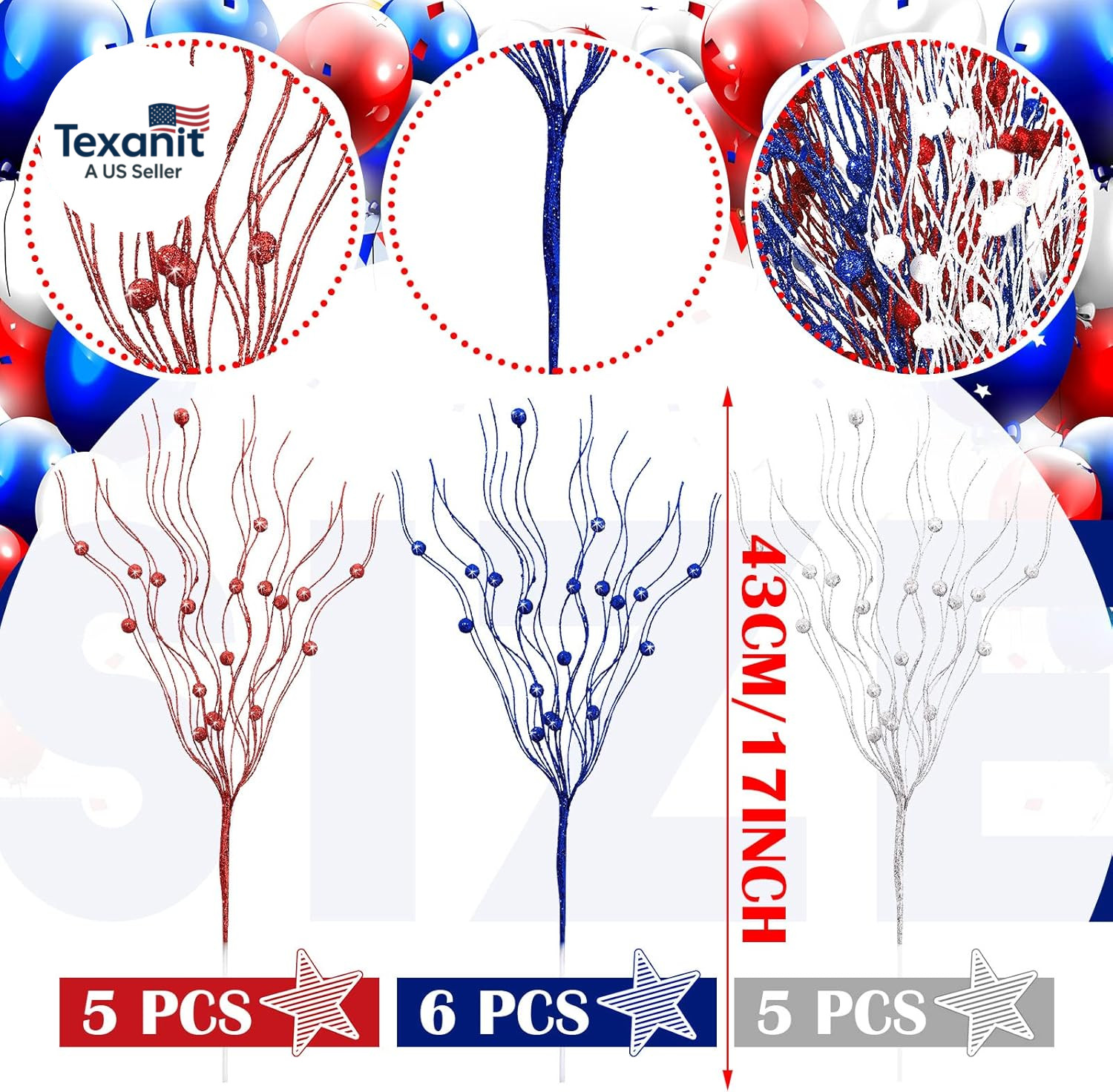 16 Pack Red White and Blue Artificial Flowers 17 Inches 4Th of July Glitter Stic