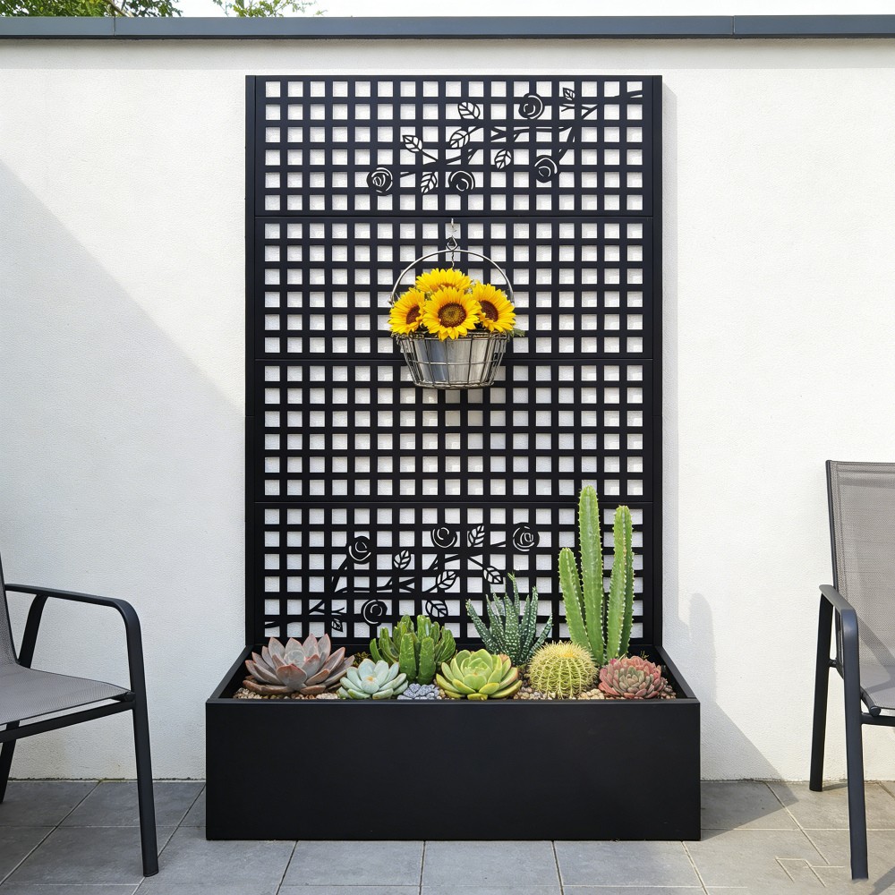 Metal Raised Garden Bed With Trellis, Black Planter Box For Backyard Patio