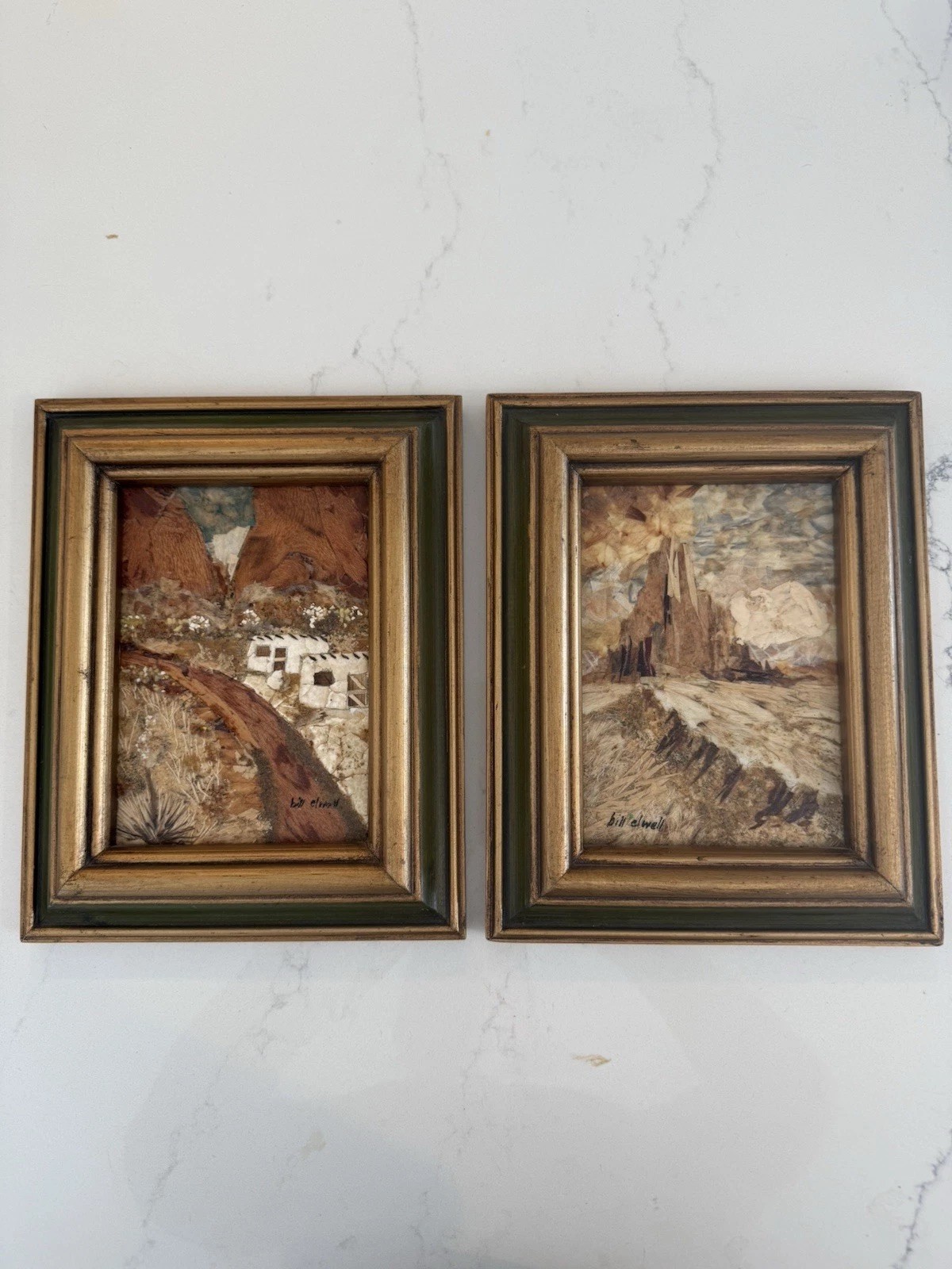 Bill Elwell Sun-dried organic material collage pair Vintage Signed OOAK Framed