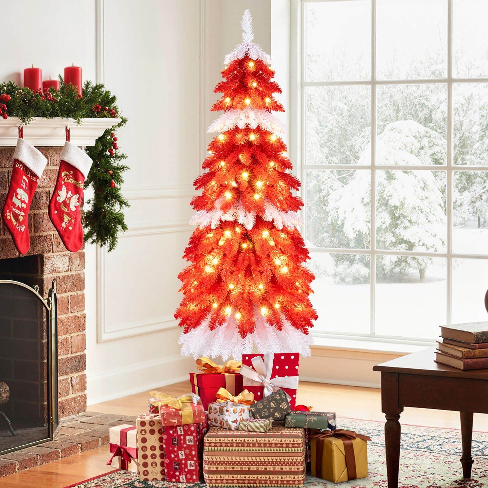 5 FT Artificial Christmas Tree Pre-lit Xmas Trees w/ 301 Red & White Branch Tips