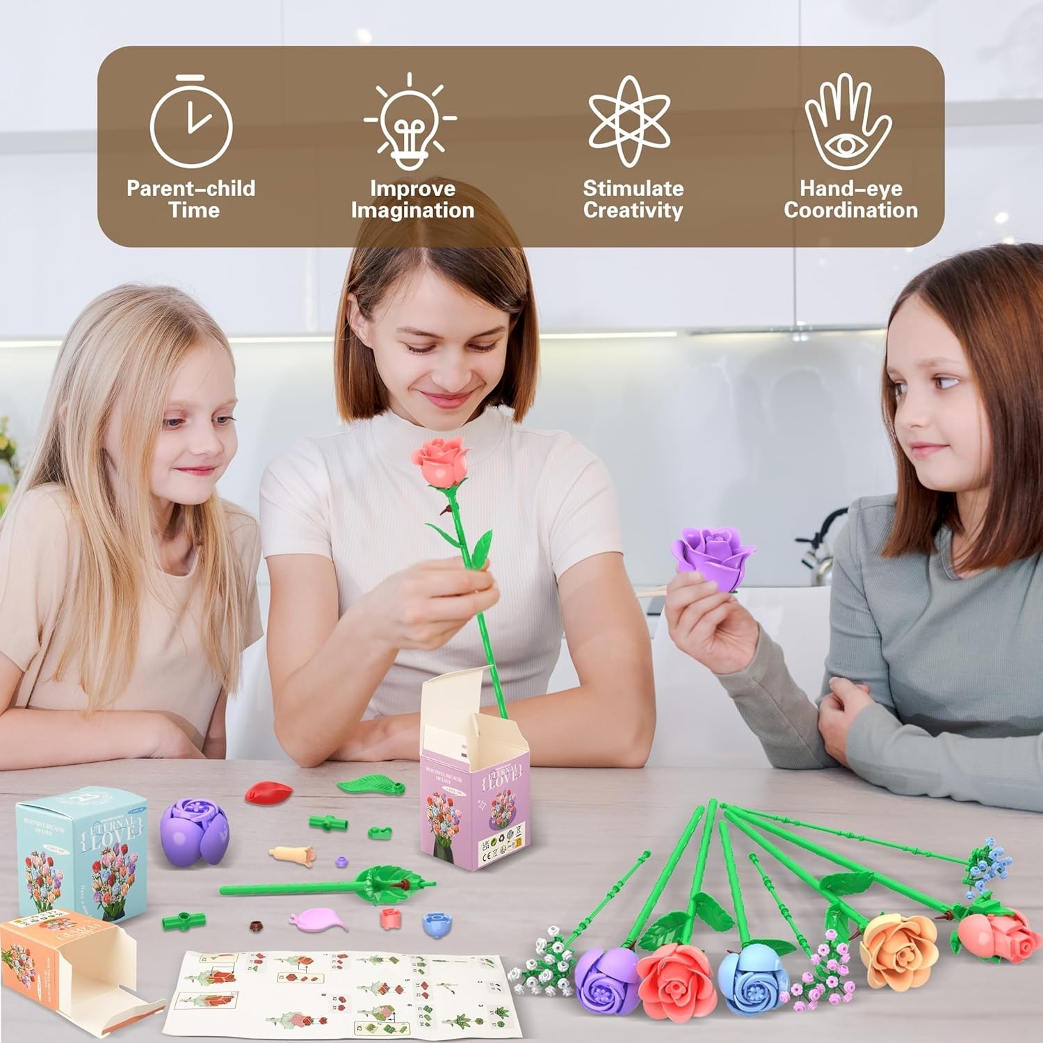 24 Pcs Colorful Rose Bouquet Building Set – Unique Gift for Her | 1380 Pcs
