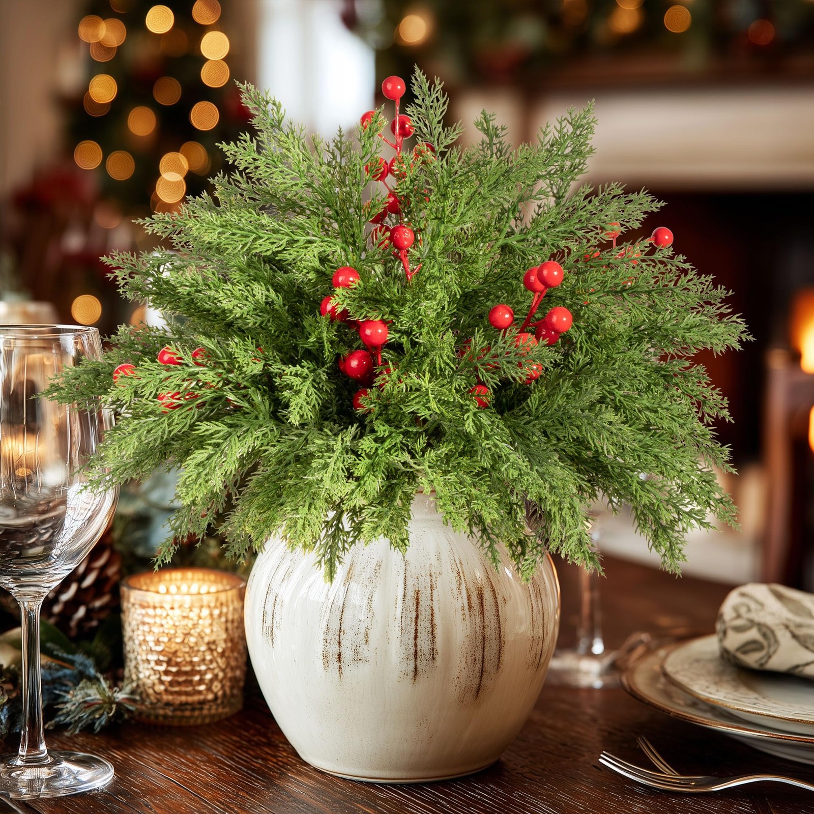 Artificial Christmas Norfolk Pine Stems with red Fruit 6PCS Fake Branches for…