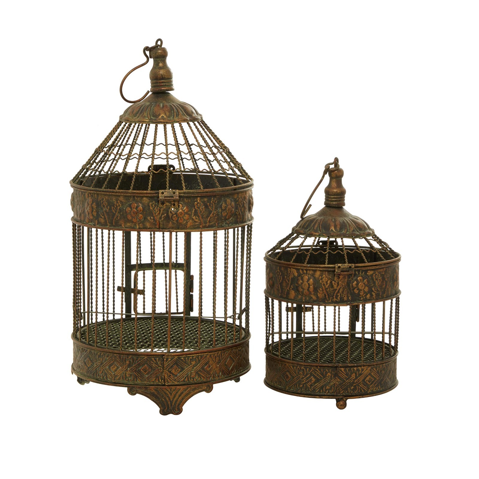 Antique Metal Floral Birdcage Set of 2 – Twisted Rod, Latch Closure, Hanging Hoo