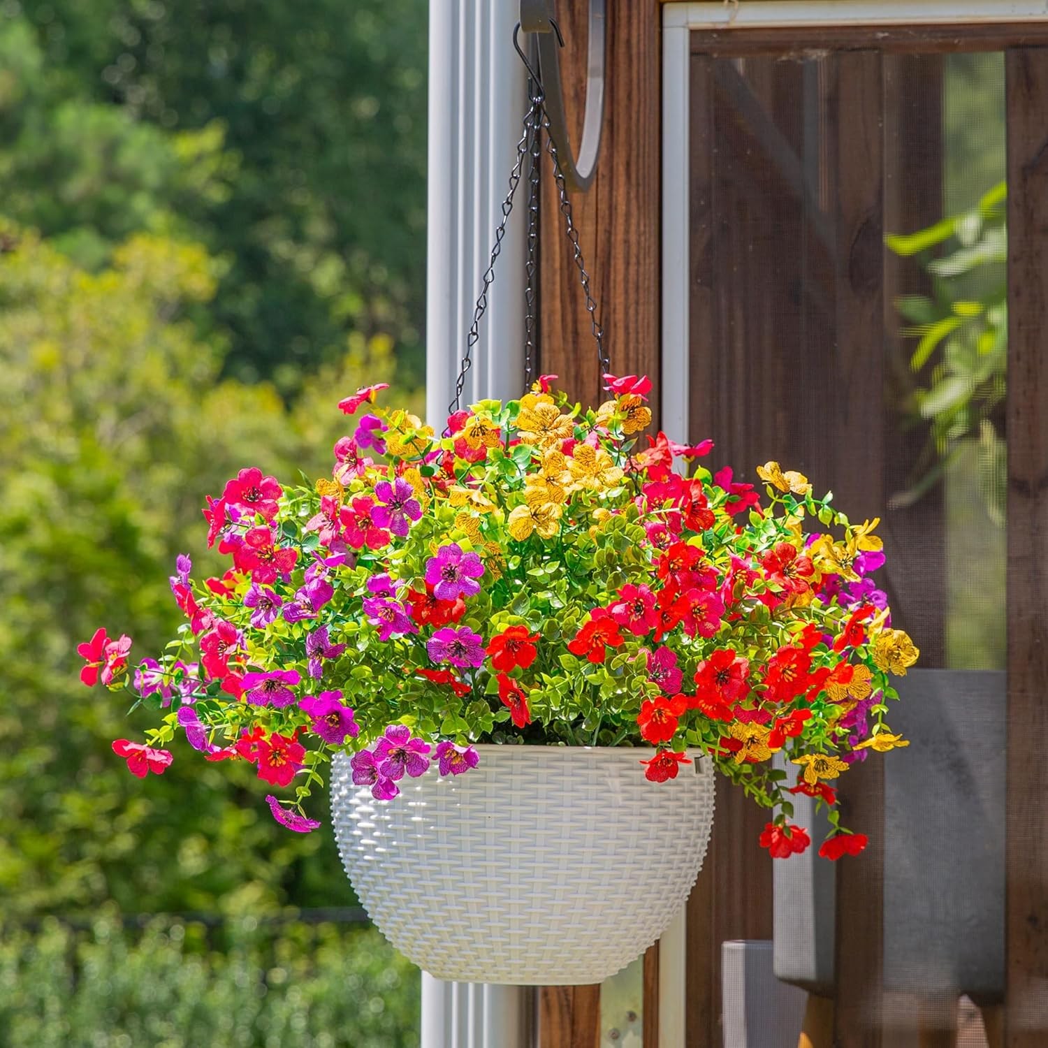 HyeFlora Artificial Faux Hanging Plants Flowers Basket for Summer Outdoor