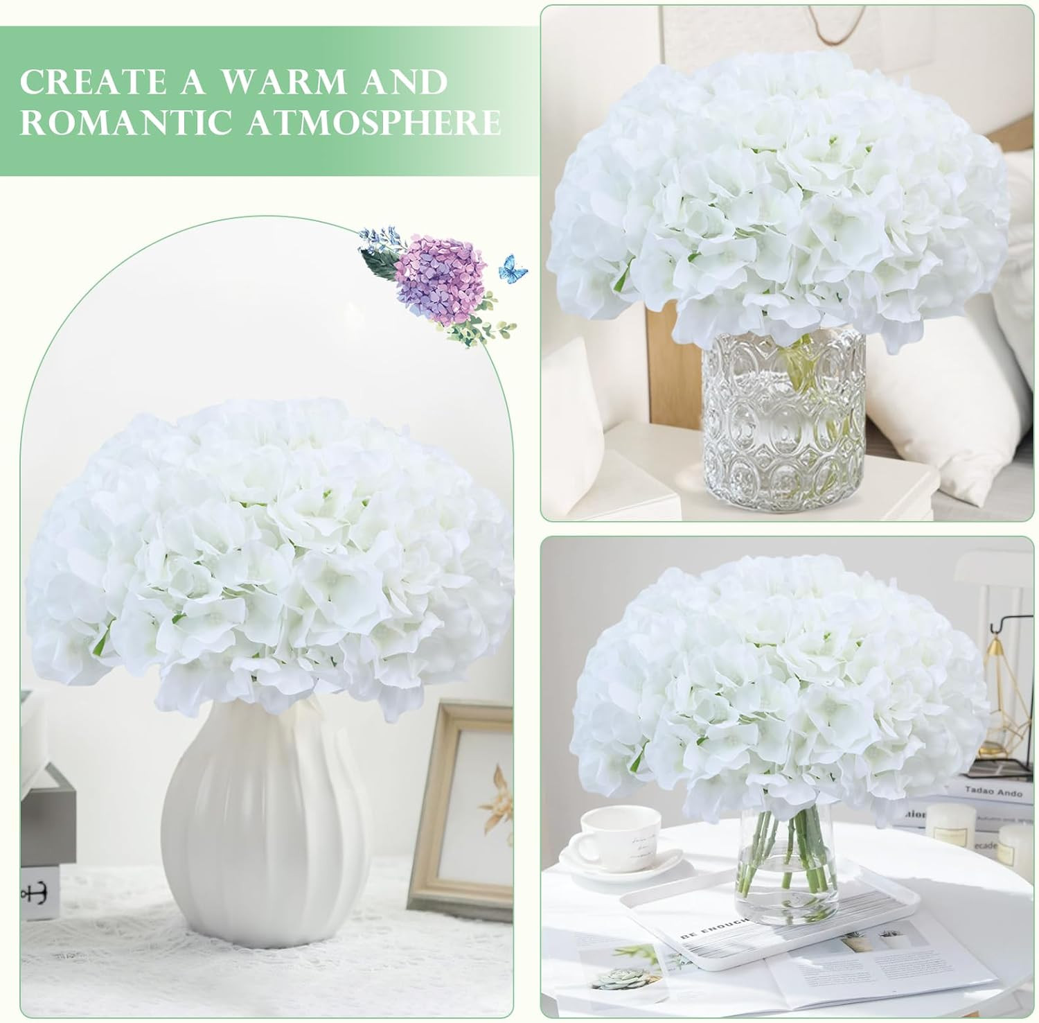 10Pcs Fake Flowers for Vase,White Flowers Hydrangea Artificial Flowers Bulk Real