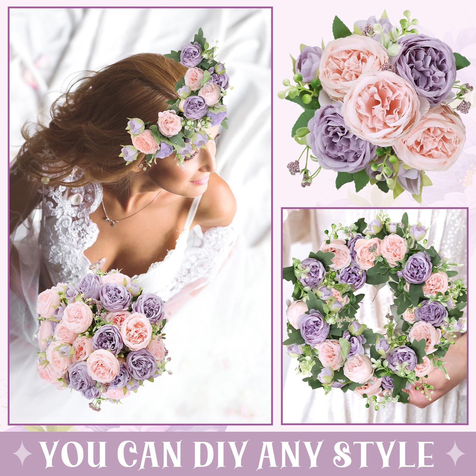8 Pack Pink, Purple Peonies Artificial Flowers, Fake Silk Hydrangea Bouquet f…