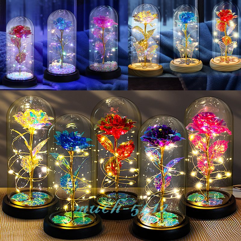 Preserved Eternal Gold Foil Rose In Glass Galaxy Flower Dome LED Light Gift Her